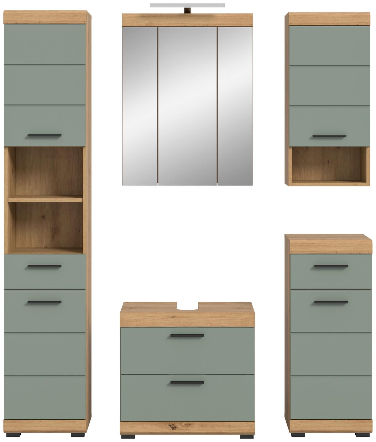 Kúpeľňa Scout, 5-dielna, dub, šedo-zelená, čierna - čierna/dub artisan, Modern, kompozitné drevo/plast (164cm) - MID.YOU