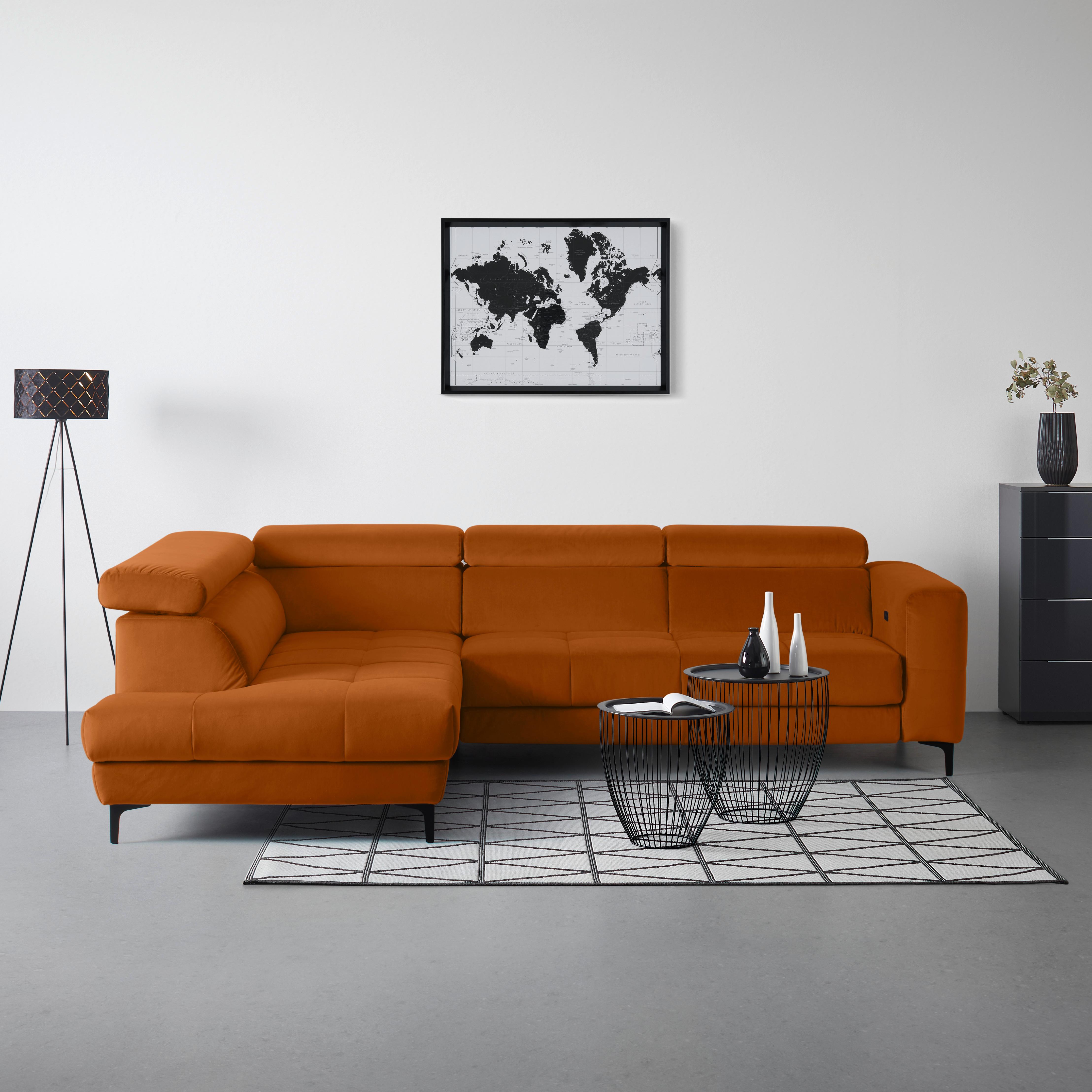 Rohová sedačka EMMA, levá, oranžová,op.hl.,USB,el.výsuv - oranžová/černá, Moderní, textil (210/301cm) - Premium Living