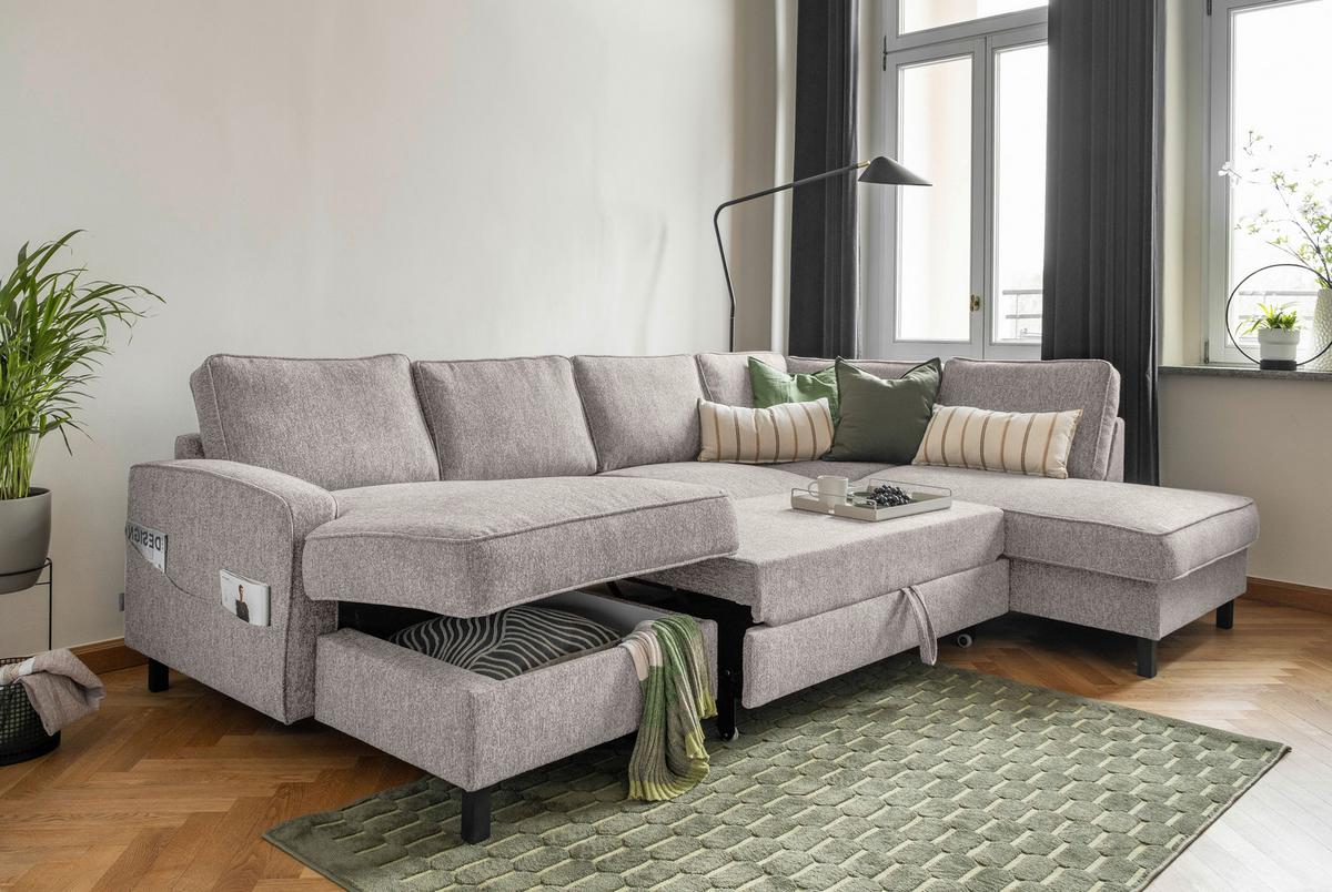 Wohnlandschaft Molly Grau/Weiß U: 148x298x198 cm - Grauweiß/Schwarz, Textil (148/298/198cm) - MID.YOU