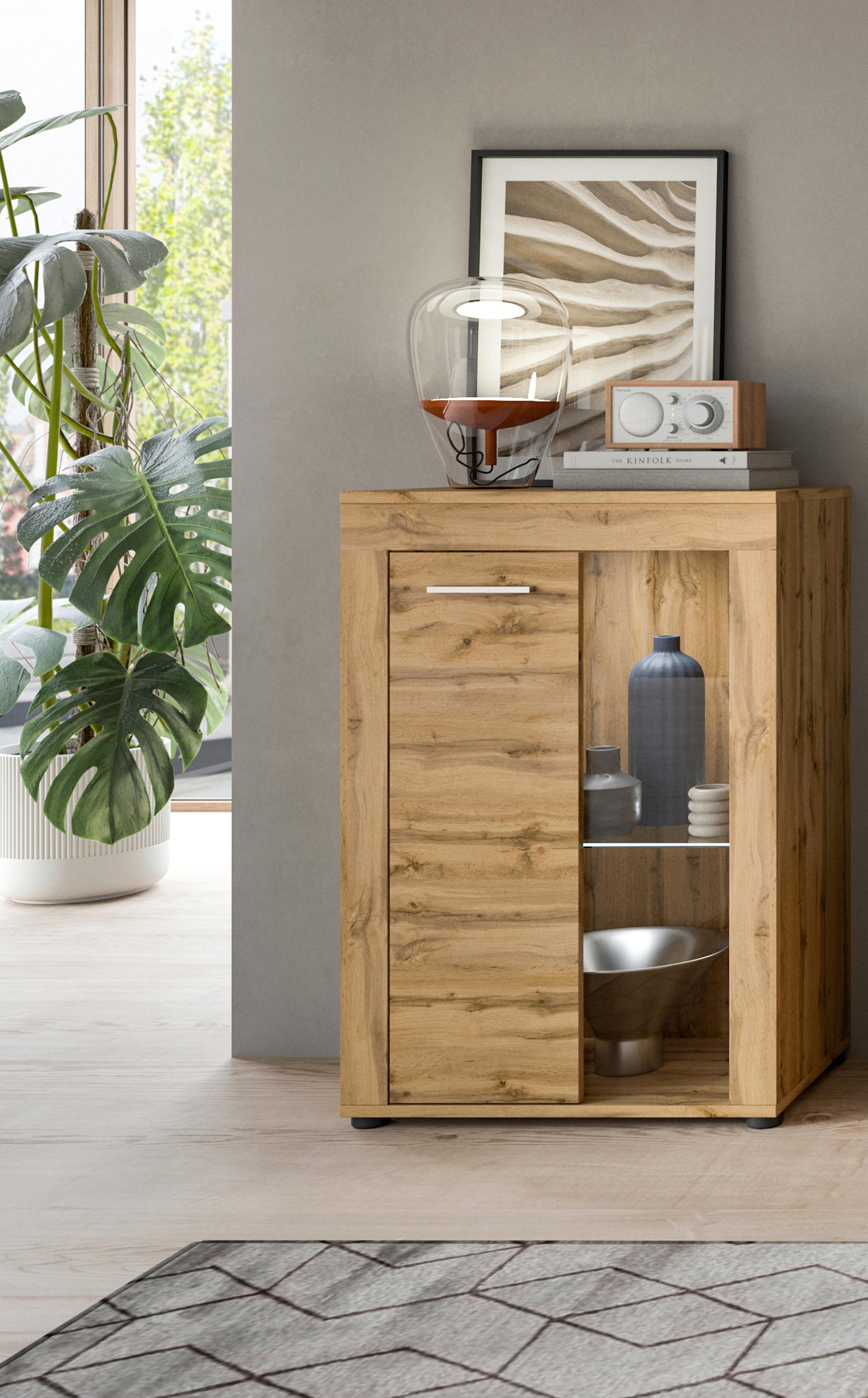 Vitrine Jam Eiche Dekor B: 86 Cm - Eiche Wotan/Schwarz, Design, Glas/Holzwerkstoff (86/60/35cm) - MID.YOU
