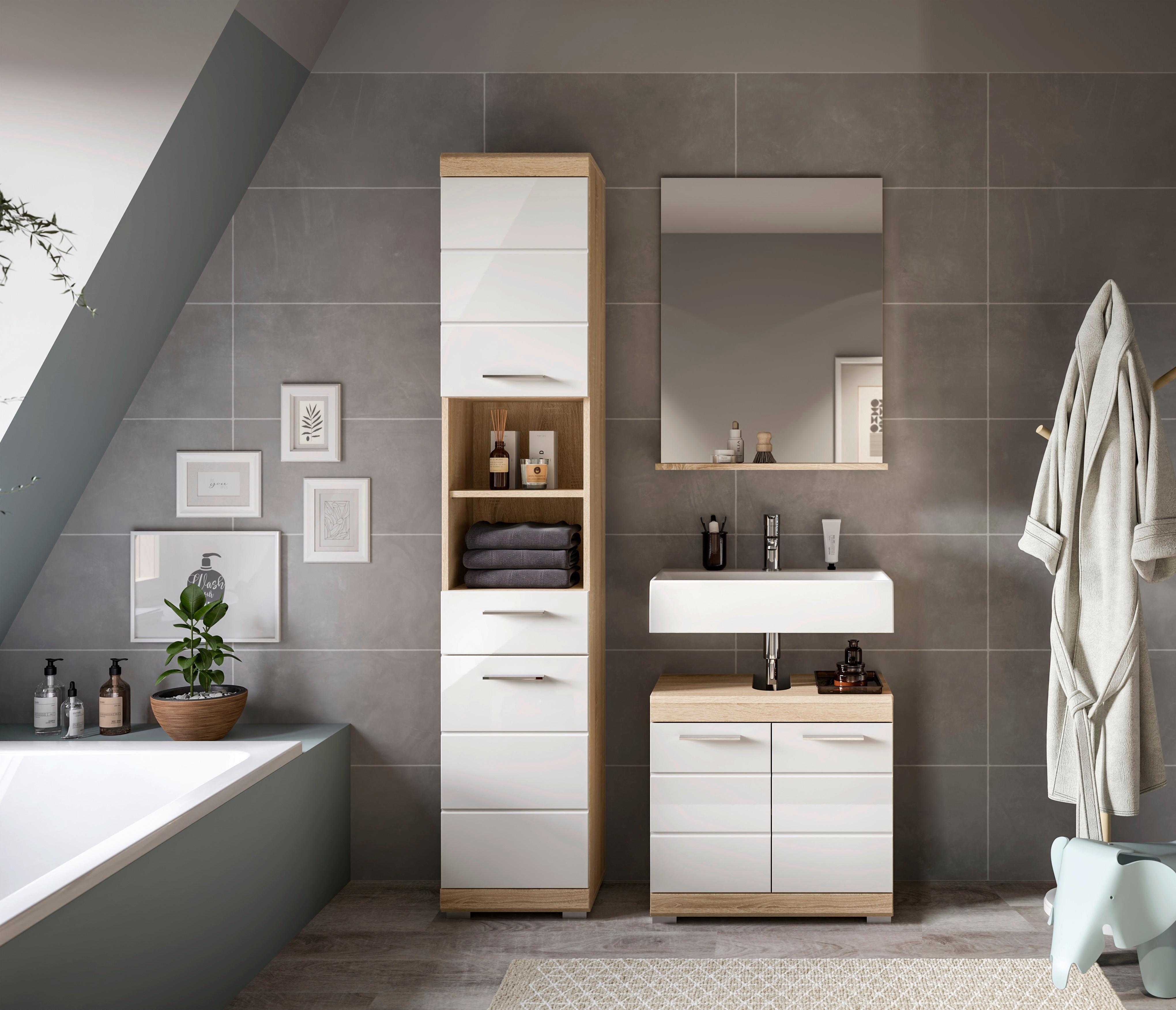 Badezimmer Lambada Eiche Dekor/weiß B: 97 Cm - Weiß Hochglanz/Silberfarben, MODERN, Glas/Holzwerkstoff (97cm) - MID.YOU