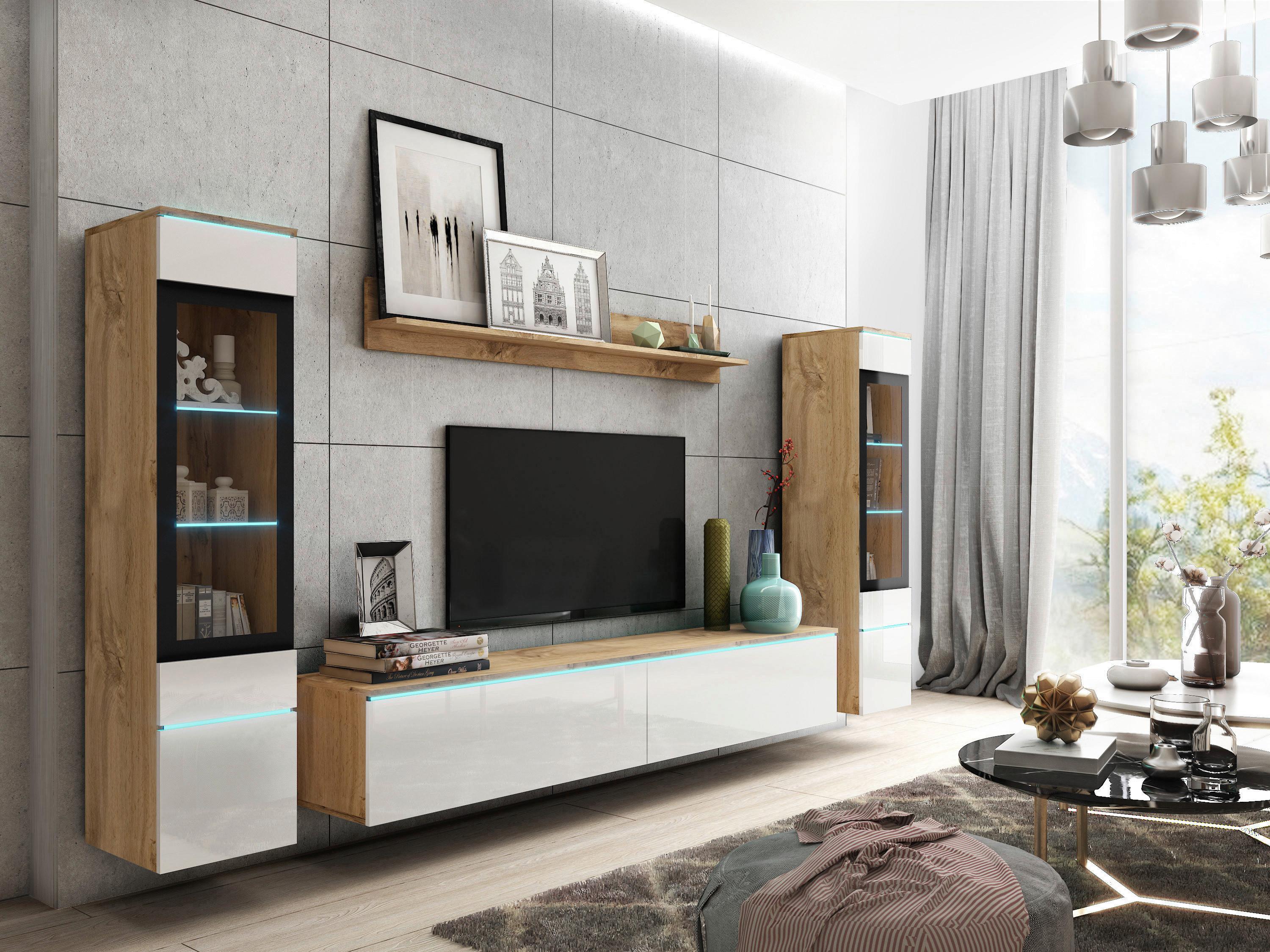 Obývacia stena s LED dekor dub Wotan/biela VL - sivá/biela s vysokým leskom, Lifestyle, kompozitné drevo/plast (240/130cm) - P & B