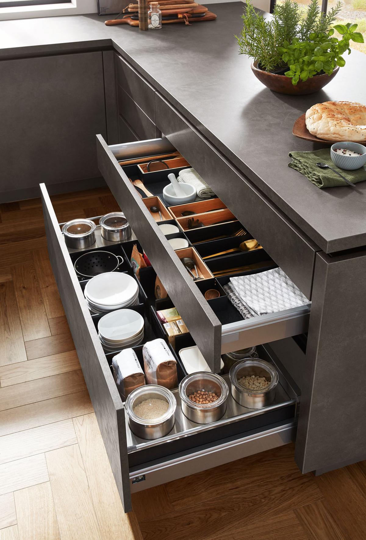 Einbauküche Riga Frei Planbar Modern, Grifflos - Eichefarben/Anthrazit, MODERN, Holzwerkstoff - Vertico