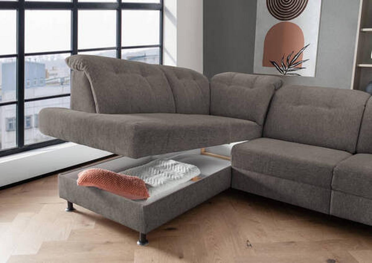 Ecksofa Minori Chenille Graubraun, S: ca. 198x270 cm - Graubraun/Schwarz, MODERN, Textil (198/270cm) - Livetastic