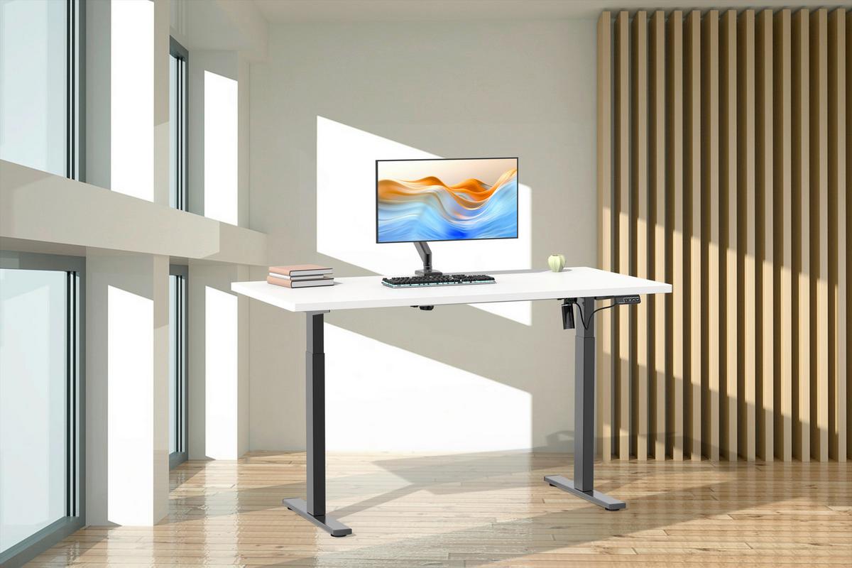 Schreibtisch höhenverstellbar E-Lona Schwarz/Weiß B: 140 cm - Silberfarben/Schwarz, Design, Holzwerkstoff/Metall (140/80/71cm) - MID.YOU