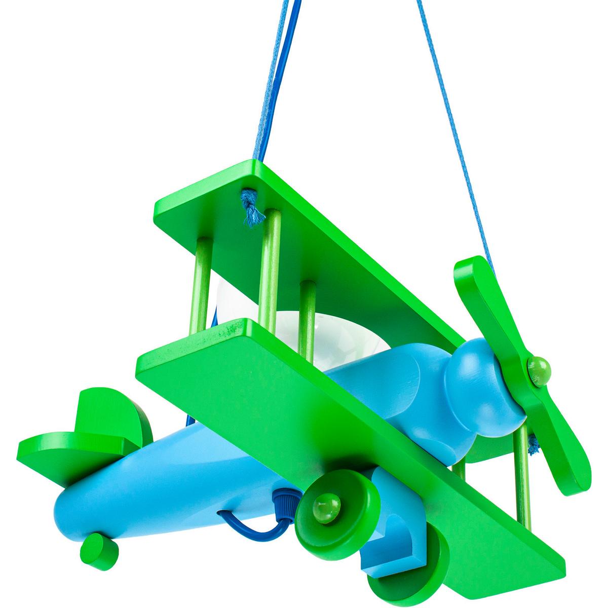 Kinderhängeleuchte Flugzeug H: 75 Cm 1-Flammig - Blau/Grün, KONVENTIONELL, Holz (29/31/75cm)