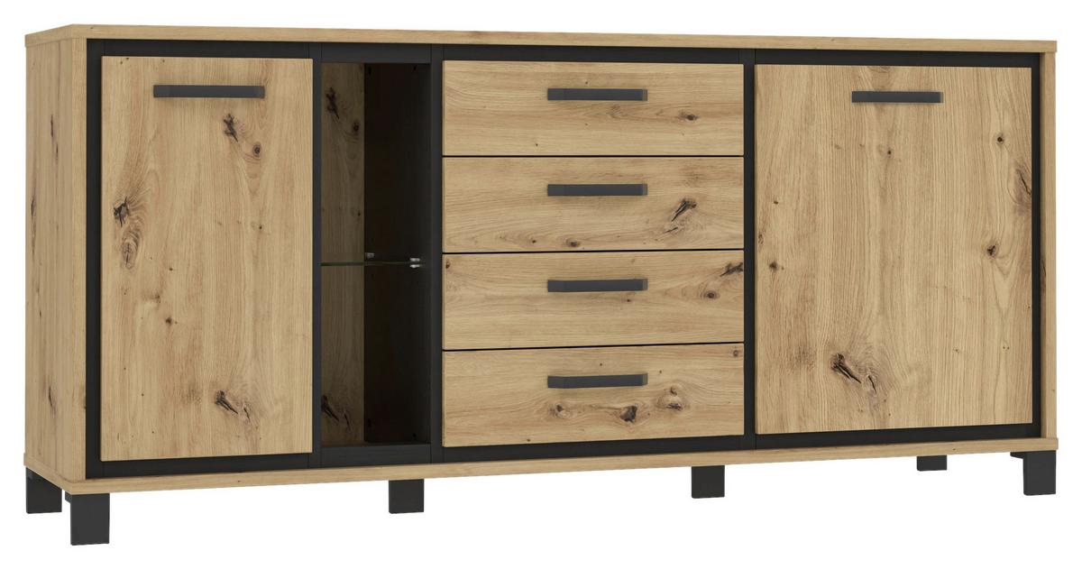 Sideboard mit Glaselement B: 177,4cm Trondheim, Eiche Dekor - Eichefarben/Schwarz, Basics, Glas/Holzwerkstoff (177,4/81,3/41,5cm) - Livetastic