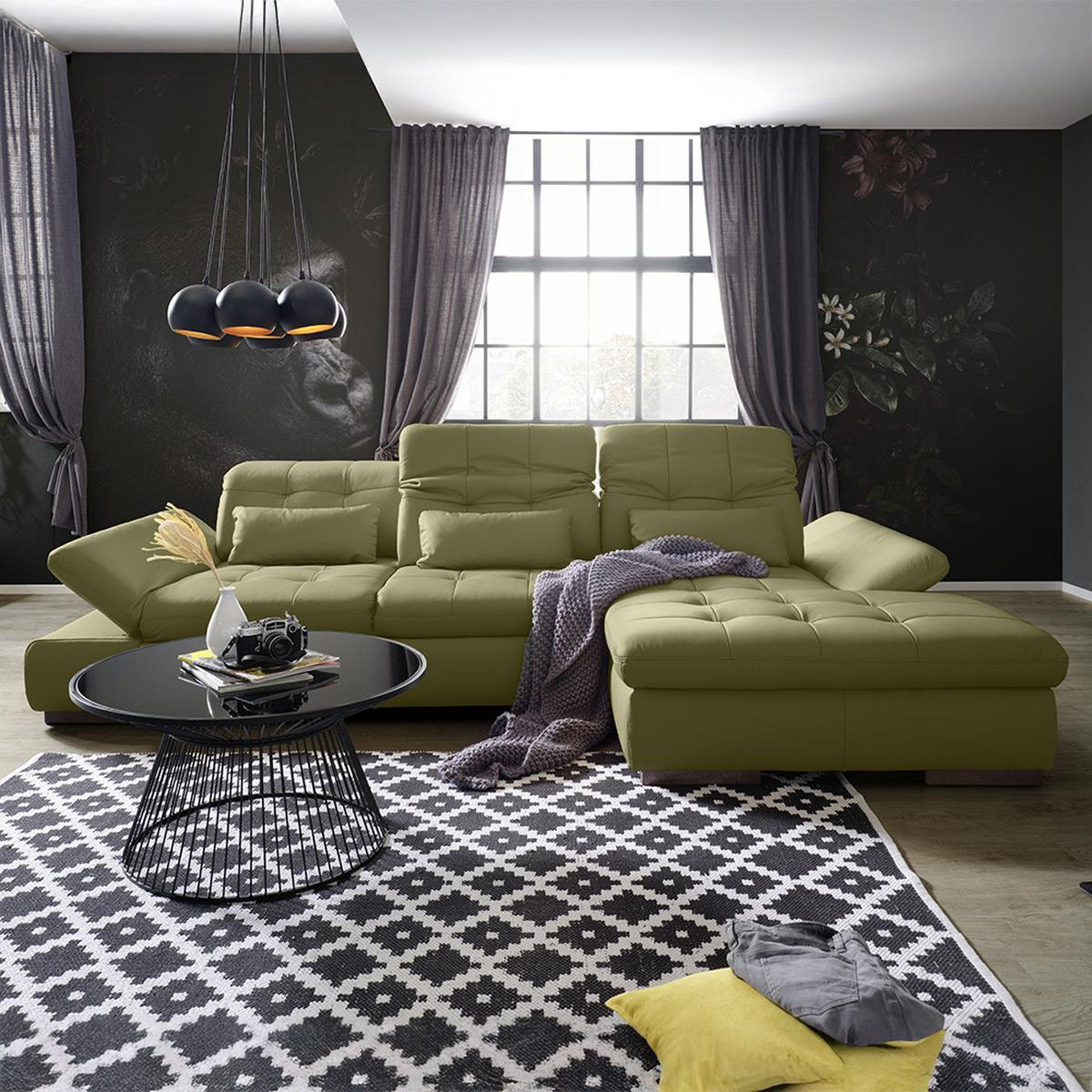 Rohová sedačka SANFINO, pravá, olivovozelená pravá koža - olivovozelená/chrómová, Konventionell, kov/koža (305/79-96/199cm) - Premium Living