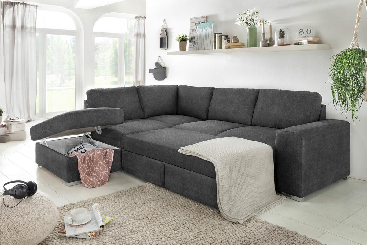 Ecksofa Mit Schlaffunktion Eddi Inkl. Bettkasten Dunkelgrau - Chromfarben/Dunkelgrau, KONVENTIONELL, Textil (213/248cm) - MID.YOU