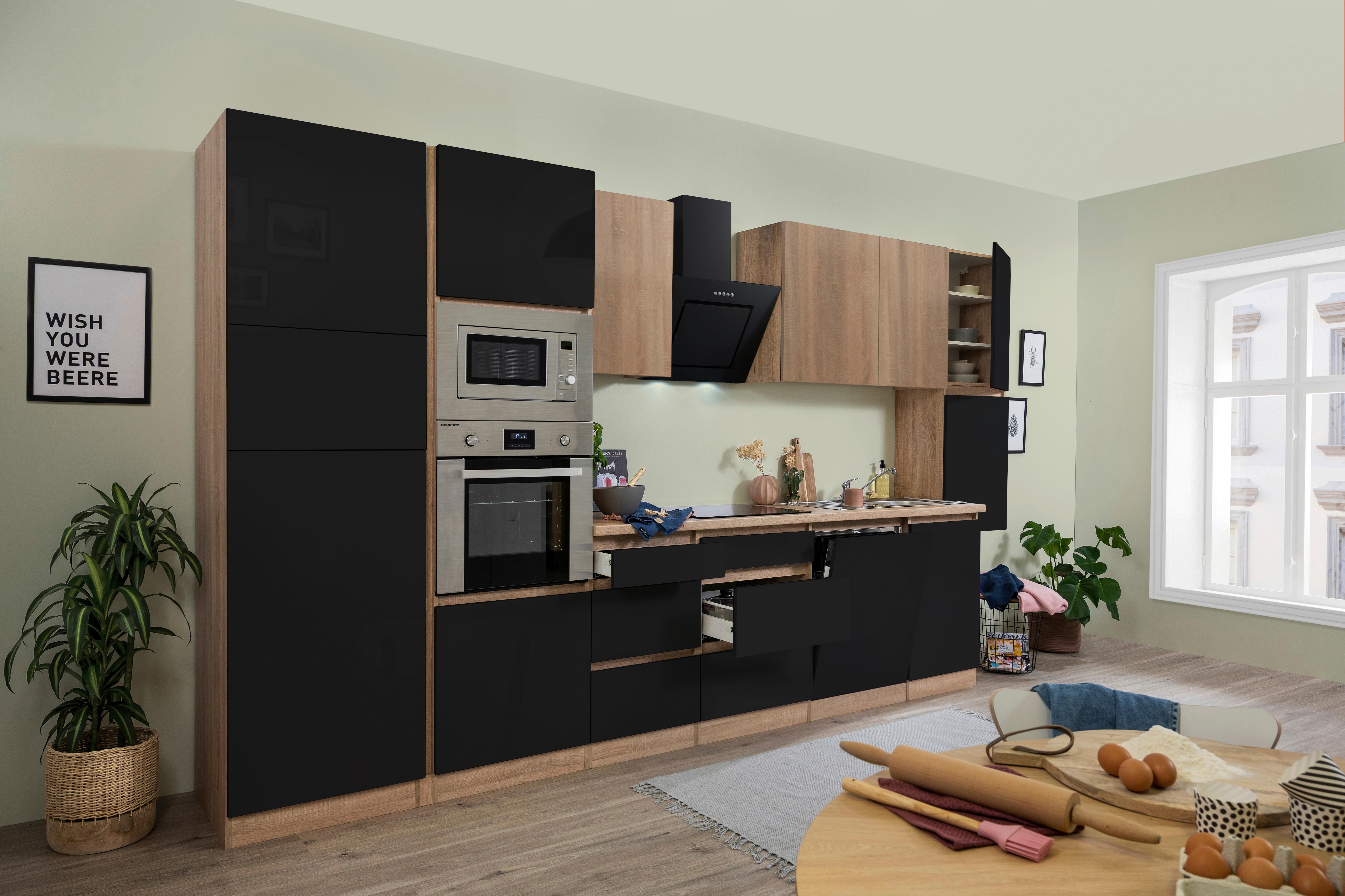 Küchenzeile Premium mit Geräten 395 cm Schwarz/Eiche Dekor - Schwarz Hochglanz/Eichefarben, Basics, Holzwerkstoff (395cm) - Respekta