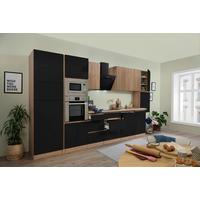 Küchenzeile Premium mit Geräten 395 cm Schwarz/Eiche Dekor - Schwarz Hochglanz/Eichefarben, Basics, Holzwerkstoff (395cm) - Respekta