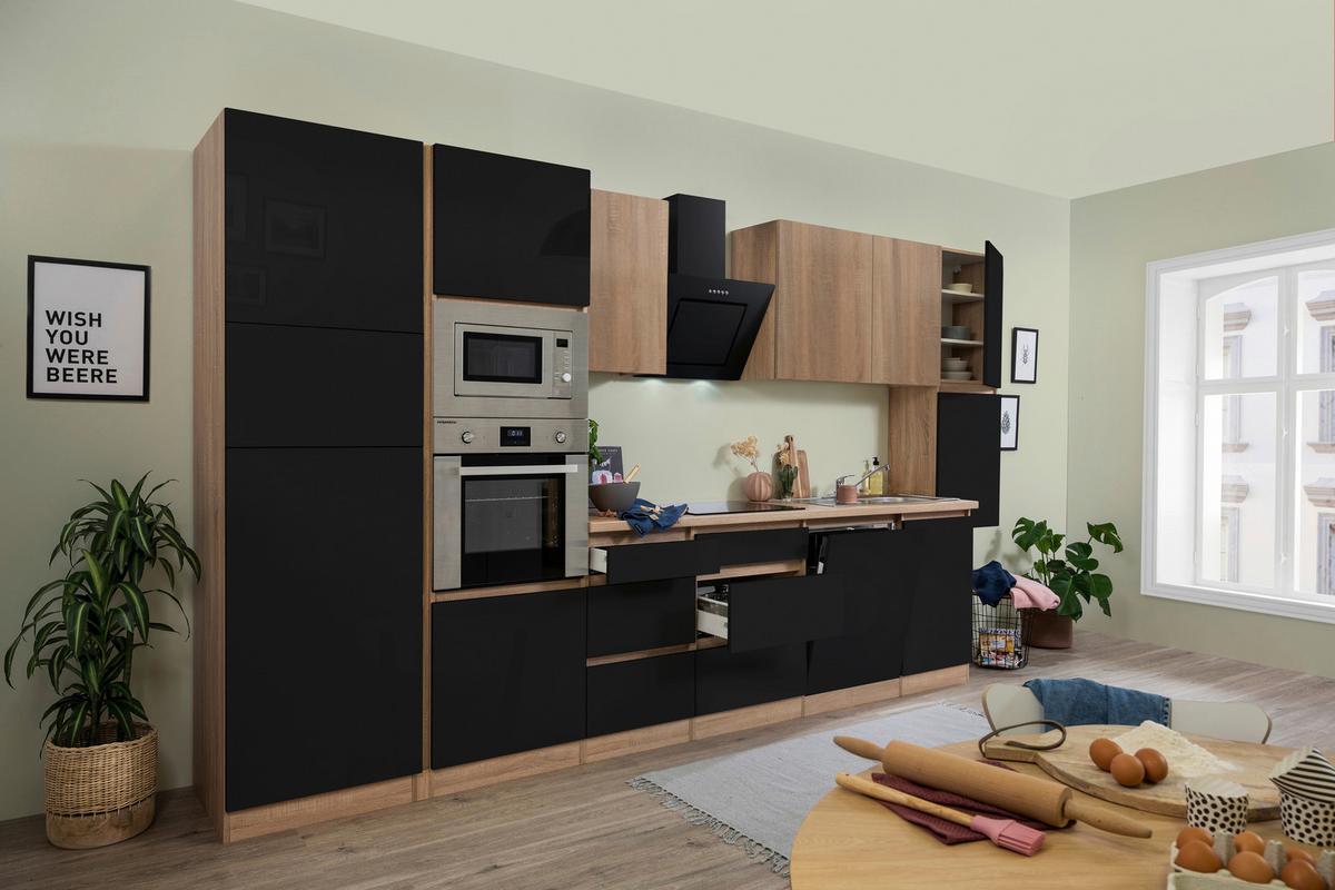 Küchenzeile Premium mit Geräten 395 cm Schwarz/Eiche Dekor - Schwarz Hochglanz/Eichefarben, Basics, Holzwerkstoff (395cm) - Respekta