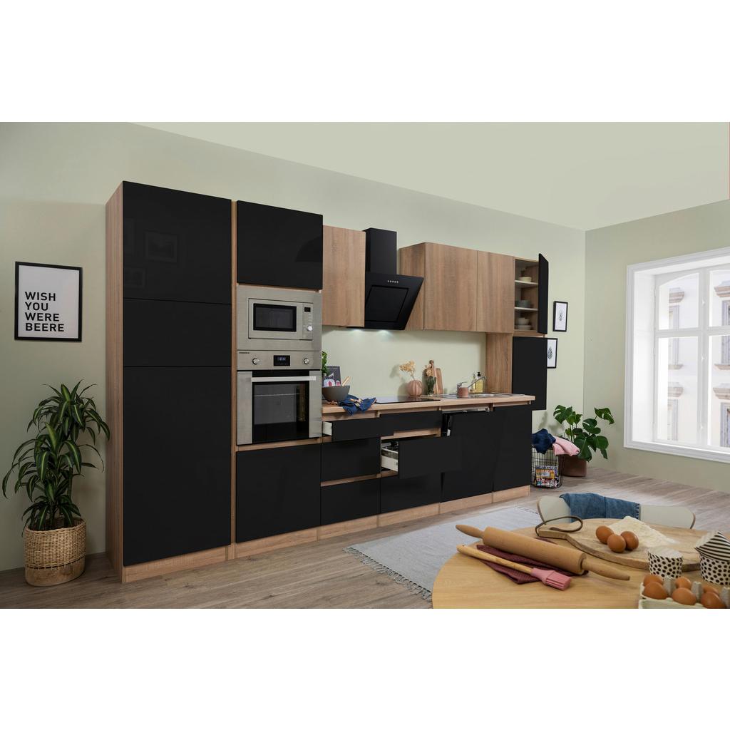 Küchenzeile Premium M. Geräten 395 Cm Schwarz/eiche Dekor