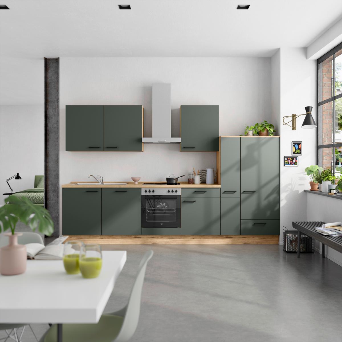 Kuchyňská linka 330 cm, minerální zelená,ultra matná - barvy dubu/černá, Moderní, kov/kompozitní dřevo (330cm) - Nobilia
