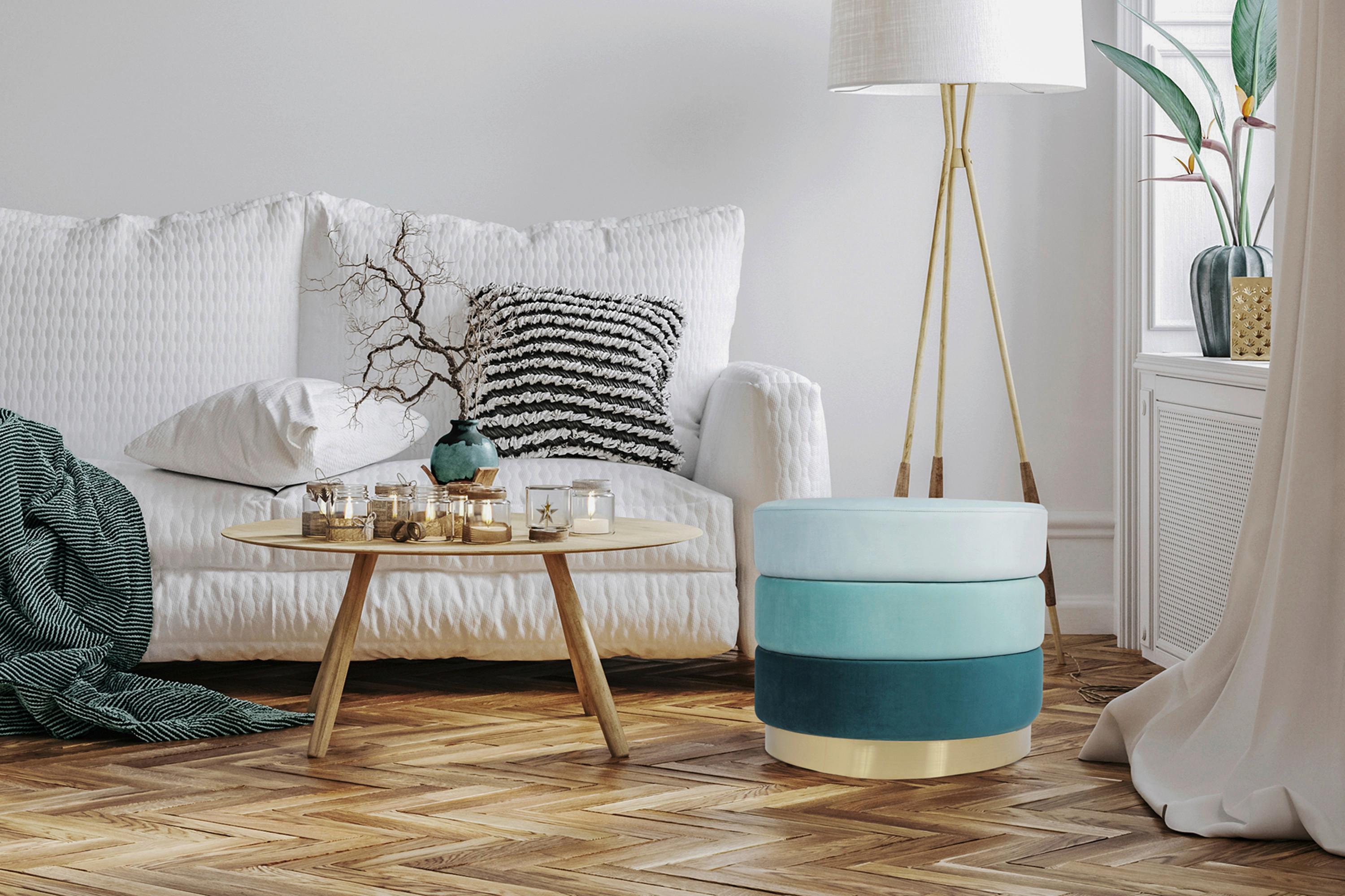Hocker Elyse 100 Blau D: 50 Cm - Blau/Goldfarben, Design, Textil (50/42cm) - Kayoom