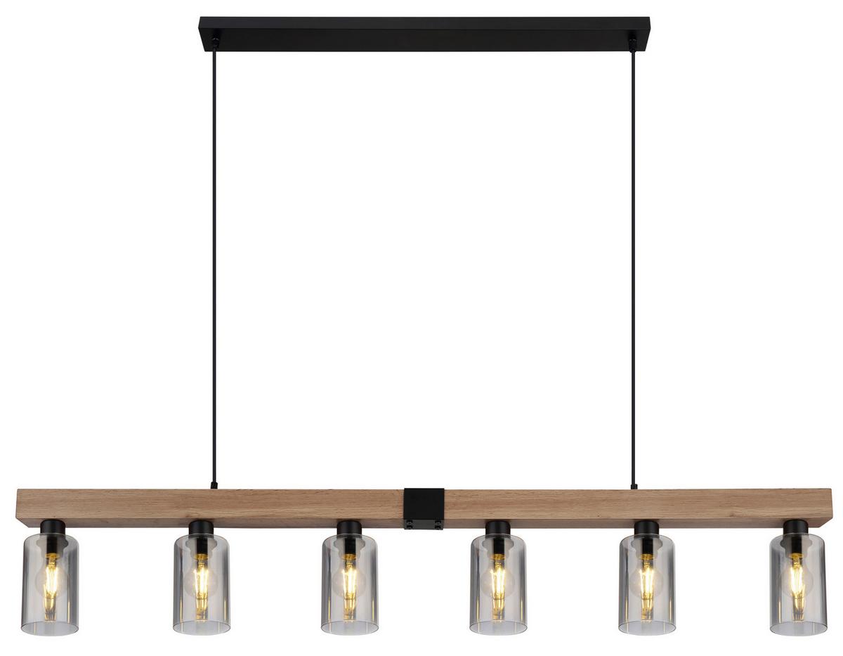 Hängeleuchte Hadera 6-Flammig höhenverstellbar mit Rauchglas - Dunkelbraun/Schwarz, Natur, Glas/Holzwerkstoff (140/10/120cm) - Globo