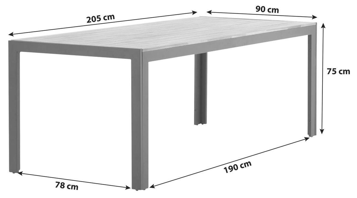 Gartentisch Bois Akazienholz /Metall L 205 cm - Schwarz/Akaziefarben, KONVENTIONELL, Holz/Metall (205/90/75cm) - Gardenson