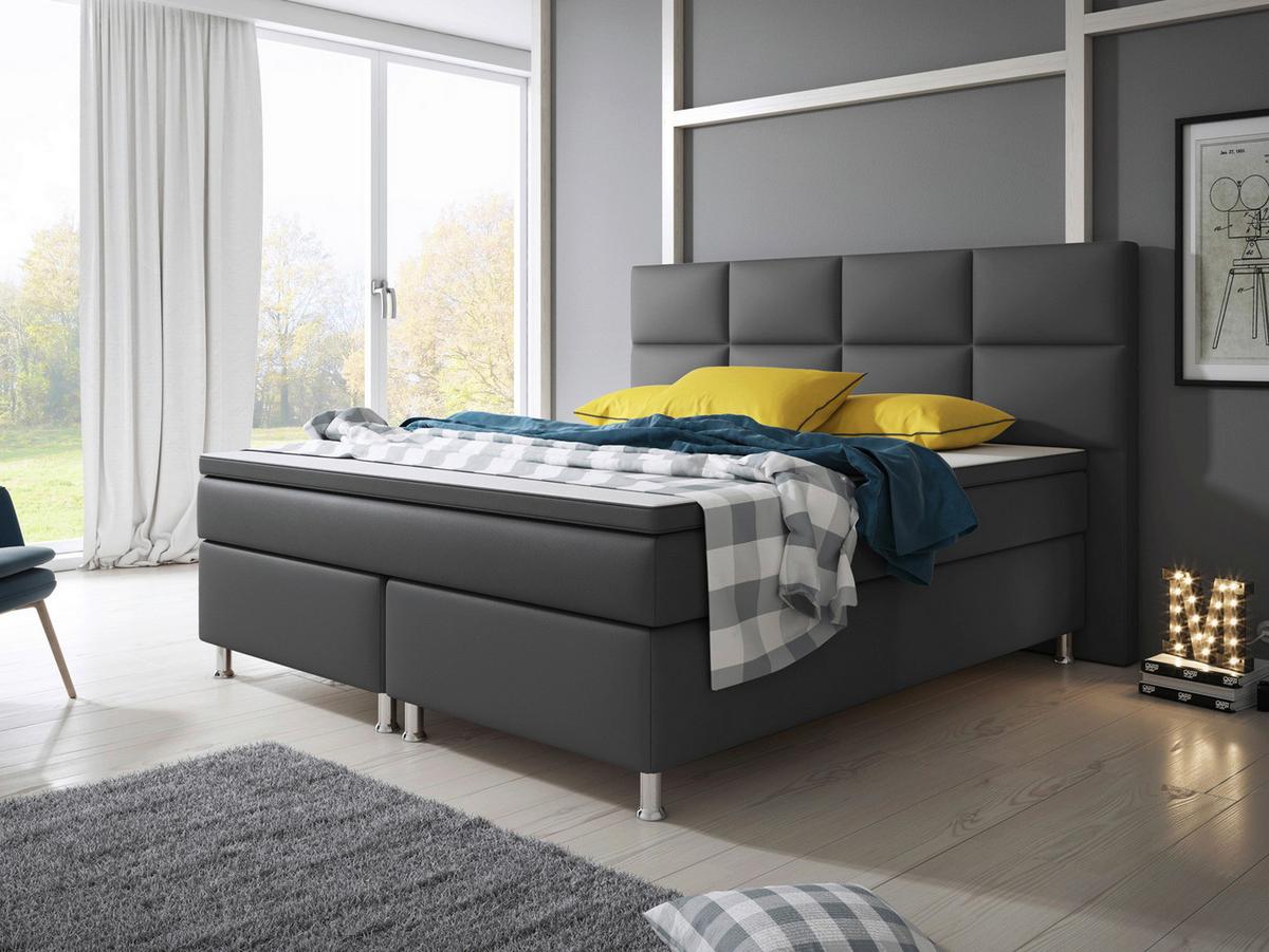 Boxspringbett Mit Topper / Matratzen 180x200 Cm Miami-Bk - Anthrazit/Silberfarben, KONVENTIONELL, Leder/Textil (200/125/210cm) - MID.YOU