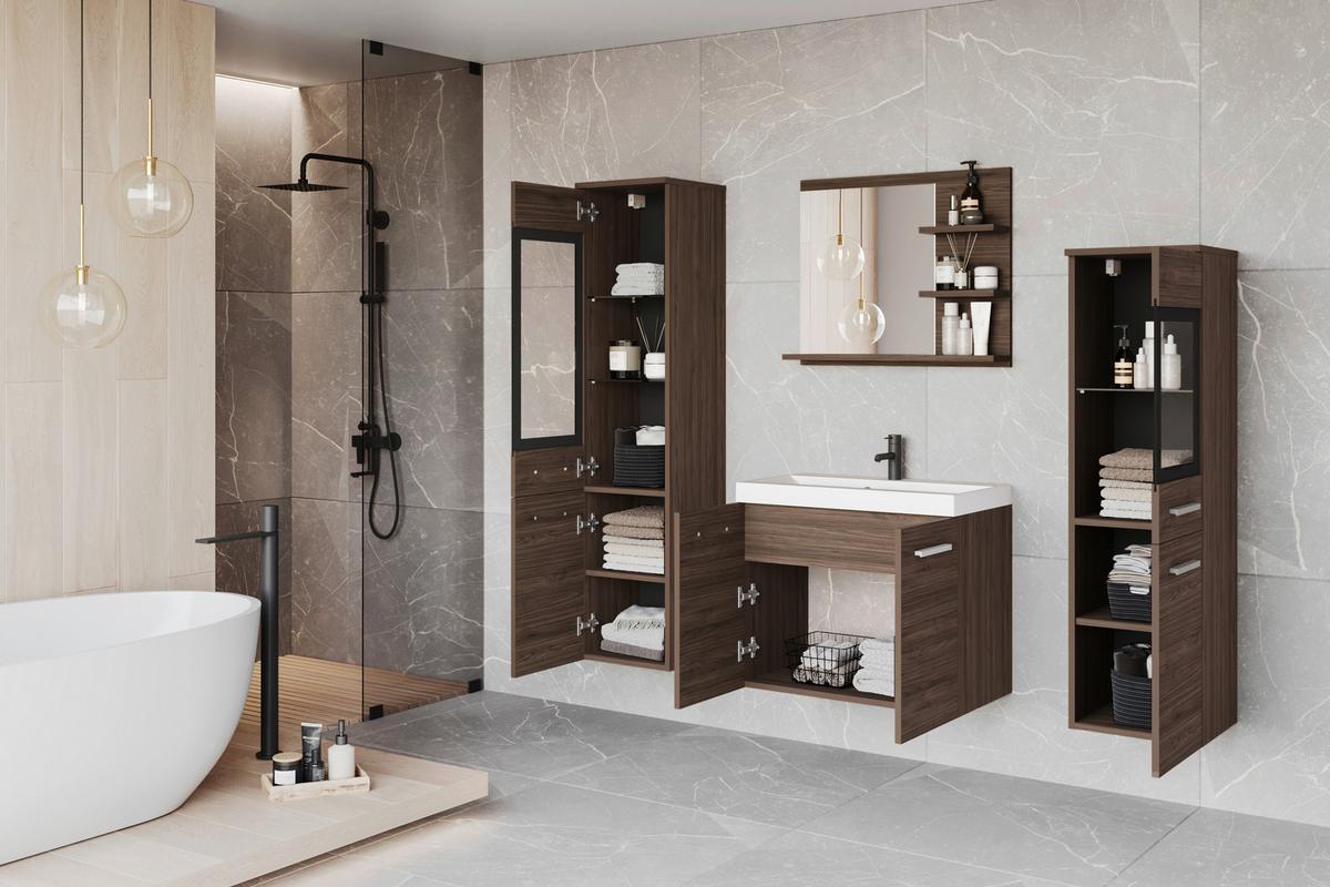 Badezimmer Madrit-Set 5-tlg Villa Nussbaum, B: 120,4 cm - Nussbaumfarben/Weiß, LIFESTYLE, Glas/Keramik (120,4/131,5/34,5cm) - P & B
