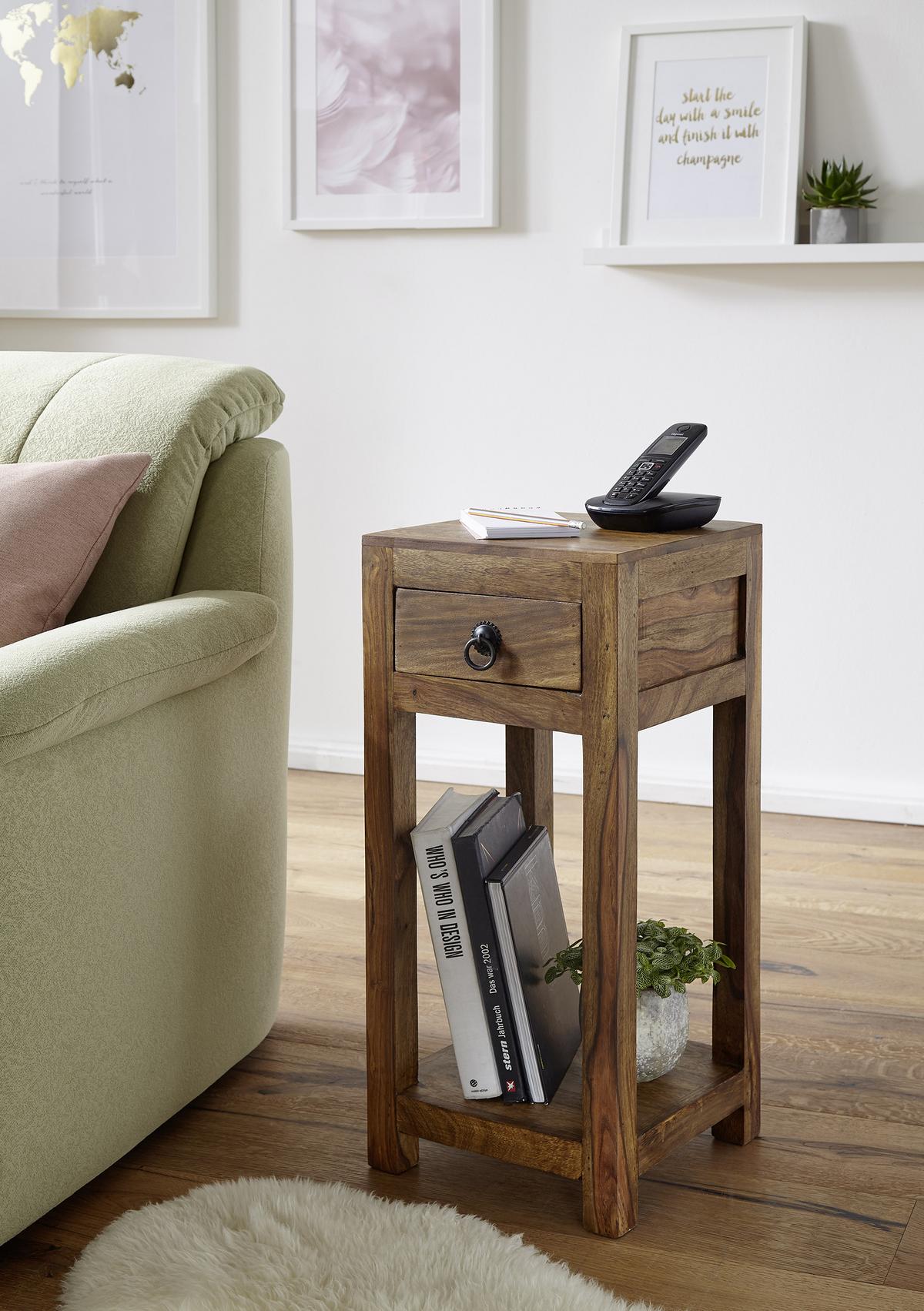 Beistelltisch mit Schublade Mumbai Sheesham Echtholz - Sheeshamfarben, Design, Holz (30/30/68cm) - MID.YOU