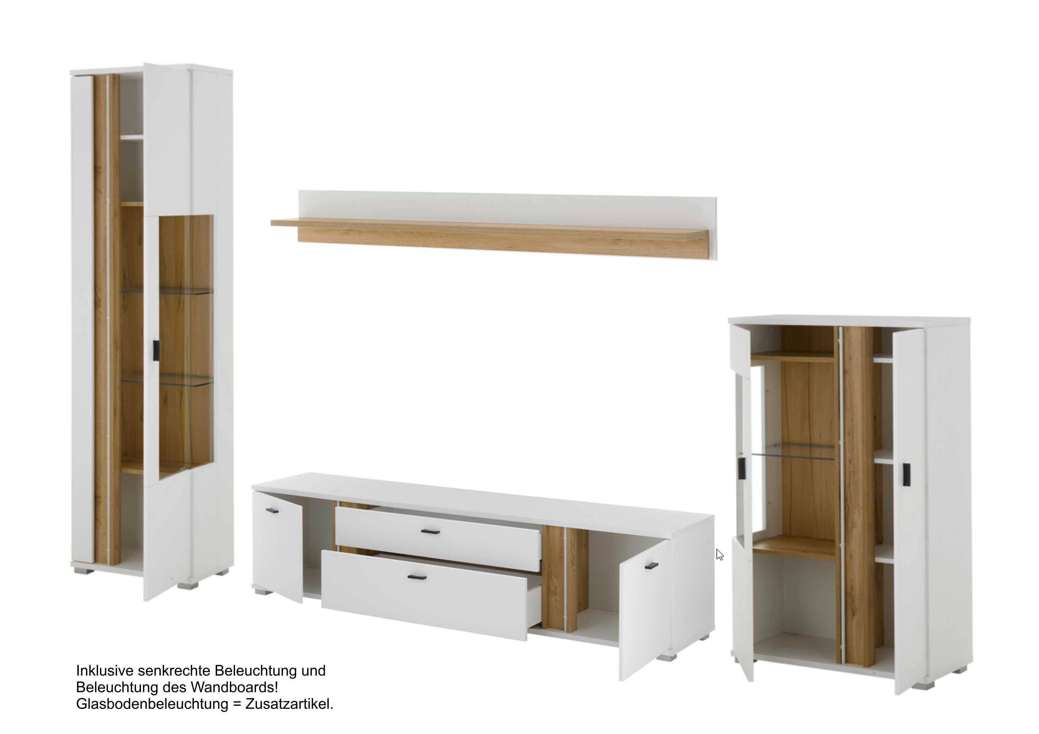 Wohnwand Long Island Weiß/Eiche Wotan B: 355cm - Silberfarben/Eiche Wotan, Design, Glas/Holzwerkstoff (355/200/42cm) - MID.YOU