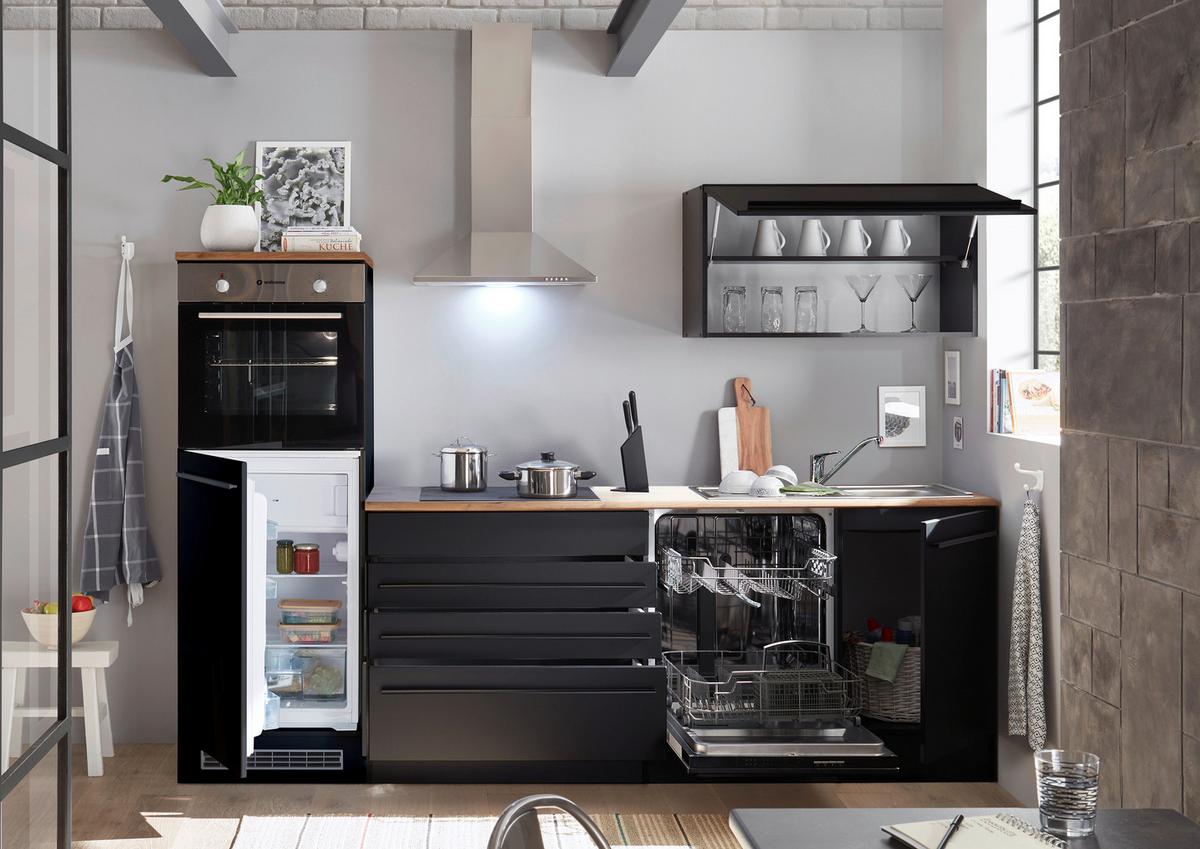 Küchenzeile Jazz mit Geräte B: 260 cm Schwarz/Eiche Dekor - Eichefarben/Schwarz, LIFESTYLE, Holzwerkstoff (260cm) - MID.YOU