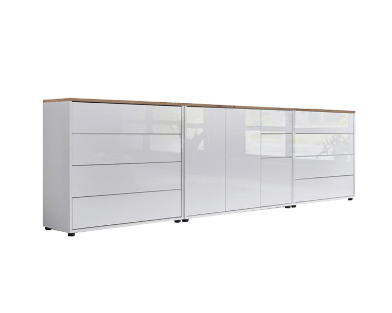 Sideboard Mailand 8 B:263,5cm Weiß/Eiche - Weiß Hochglanz/Schwarz, MODERN, Holzwerkstoff (263,5/73/33cm) - MID.YOU