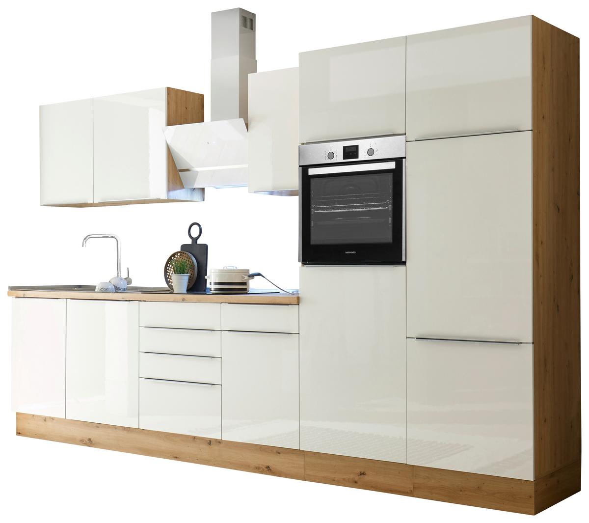 Küchenzeile mit Geräten B: 340 cm Weiß/Eiche Dekor - Weiß Hochglanz/Eiche Artisan, LIFESTYLE, Holzwerkstoff (340cm) - Respekta