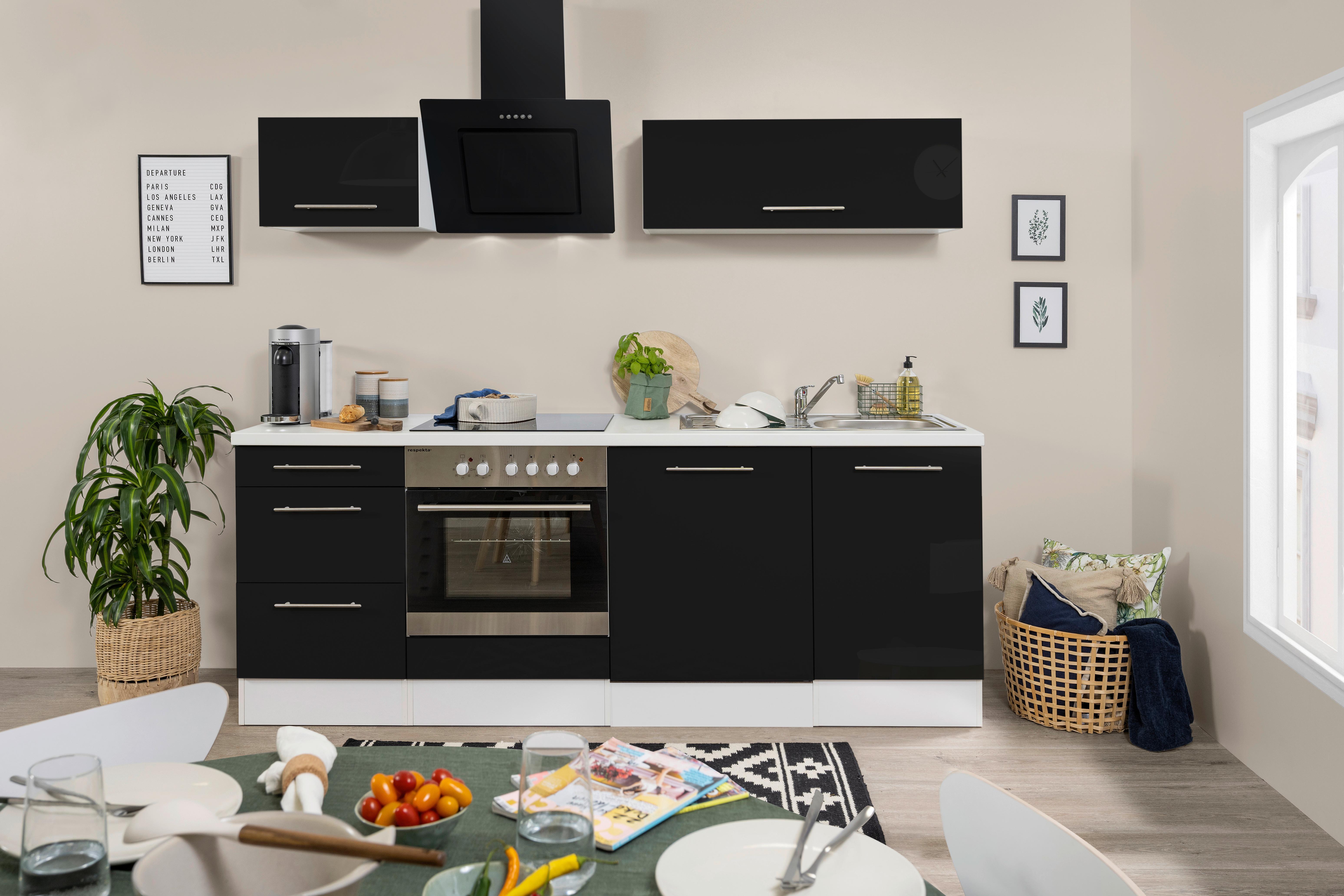 Küchenzeile Mit Geräten 220 Cm Schwarz Hochglanz/weiß - Schwarz/Weiß, KONVENTIONELL, Holzwerkstoff (220cm) - Respekta