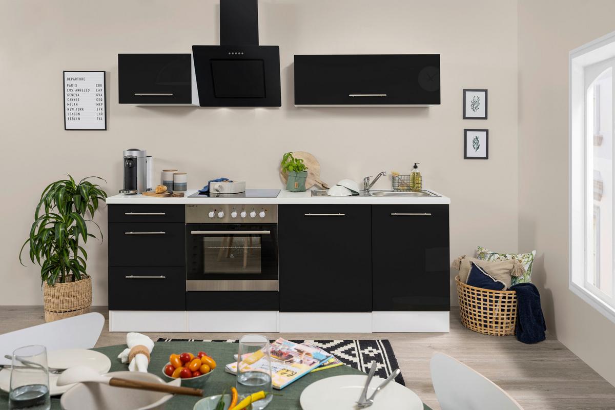 Küchenzeile Mit Geräten 220 Cm Schwarz Hochglanz/weiß - Schwarz/Weiß, KONVENTIONELL, Holzwerkstoff (220cm) - Respekta