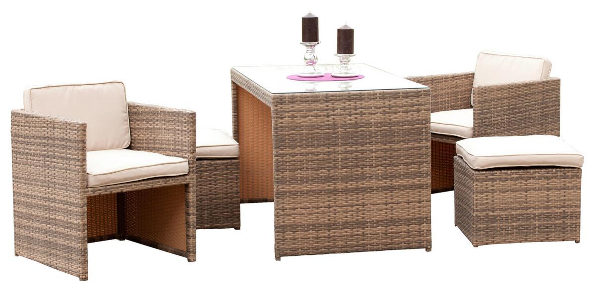 Gartengarnitur 11-Tlg Merano Kunststoff mit Kissen - Beige/Naturfarben, MODERN, Glas/Kunststoff - Gardenson