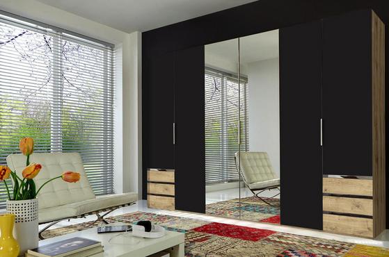 Moderne Aufbewahrung mit Gemütlichkeitsfaktor dank des stylischen Kleiderschrankes LEVEL. Sechstüriger Kleiderschrank in Graphit und Eiche Dekor mit Schubladen und Spiegel
