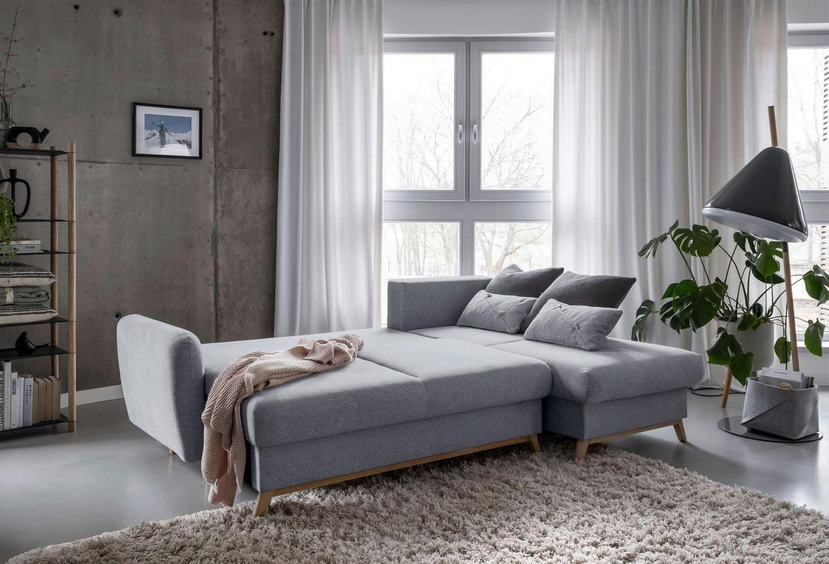 Sedačka LUCILE S, pravá, sv.sivá, úl.priestor a lôžko - prírodná farba/svetlosivá, drevo/textil (235/157cm) - MID.YOU