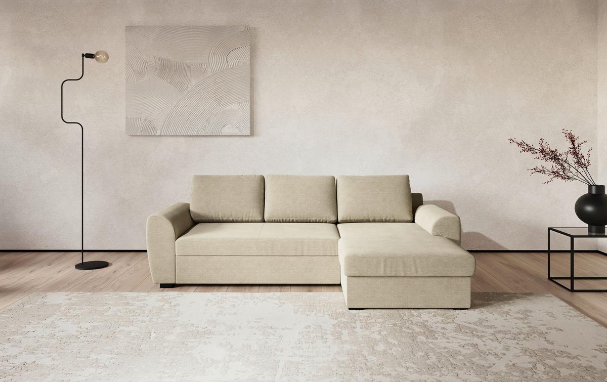 Ecksofa mit Bettfunktion Cord beige, B: 253cm - Beige/Schwarz, Trend, Textil (253/154cm) - MID.YOU