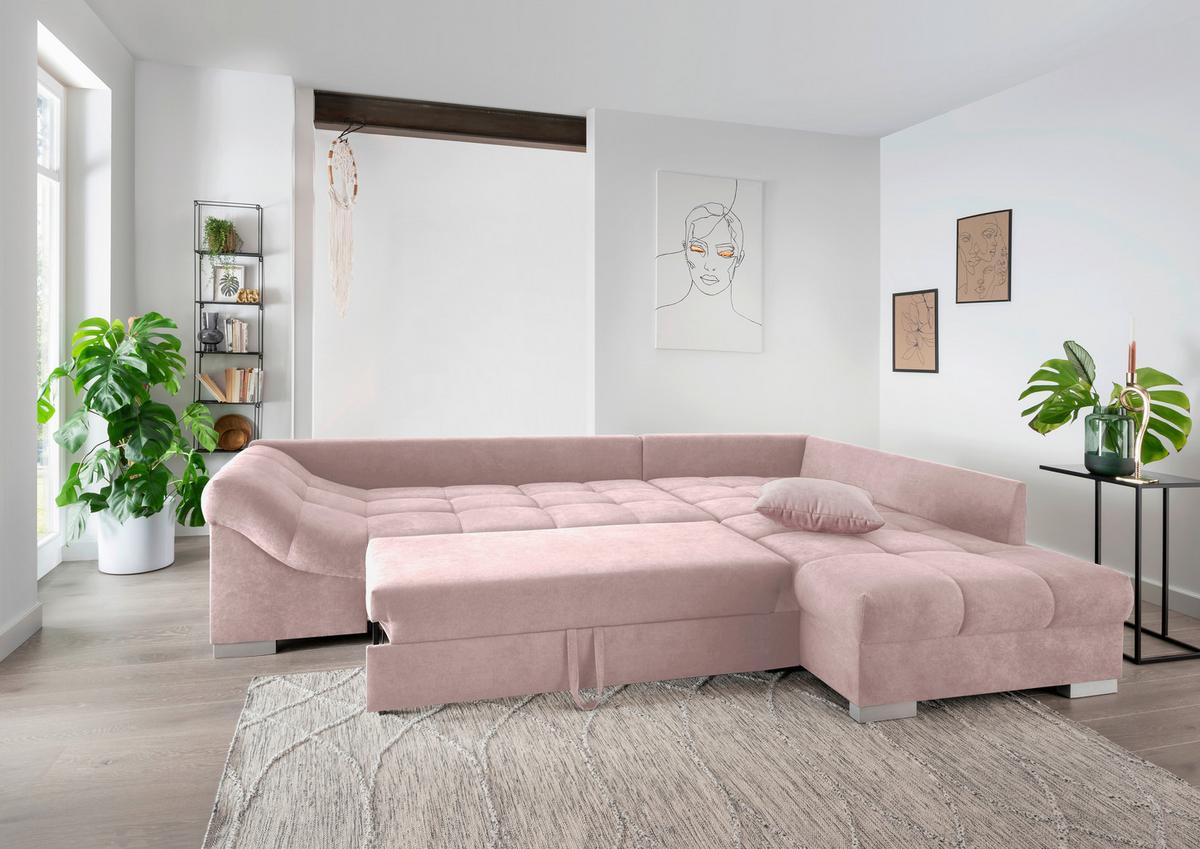 Eckschlafsofa Alvito Rosa S: 298/202 cm - Silberfarben/Rosa, Design, Textil (298/202cm) - MID.YOU