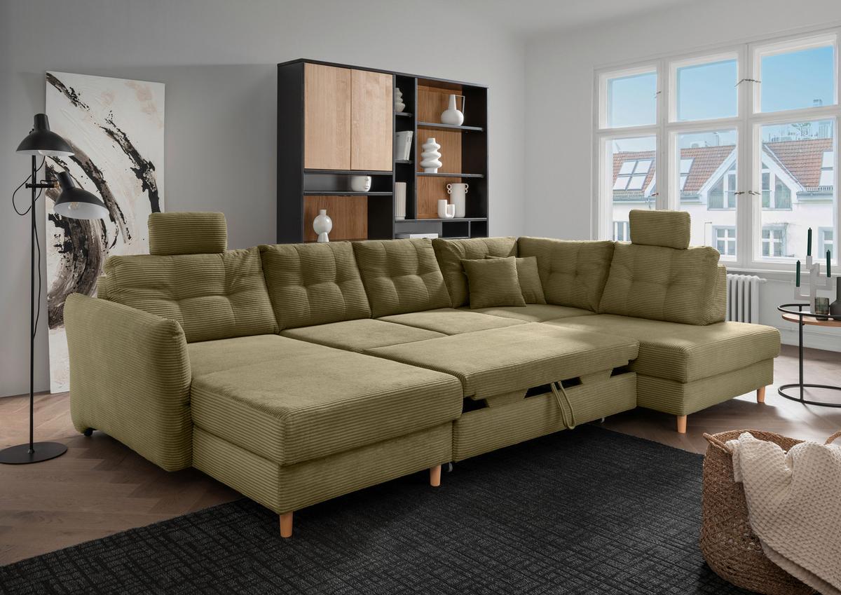 Wohnlandschaft Brizzini mit Schlaffunktion, Olivgrün - Naturfarben/Olivgrün, MODERN, Textil (176/338-352/206cm) - Livetastic