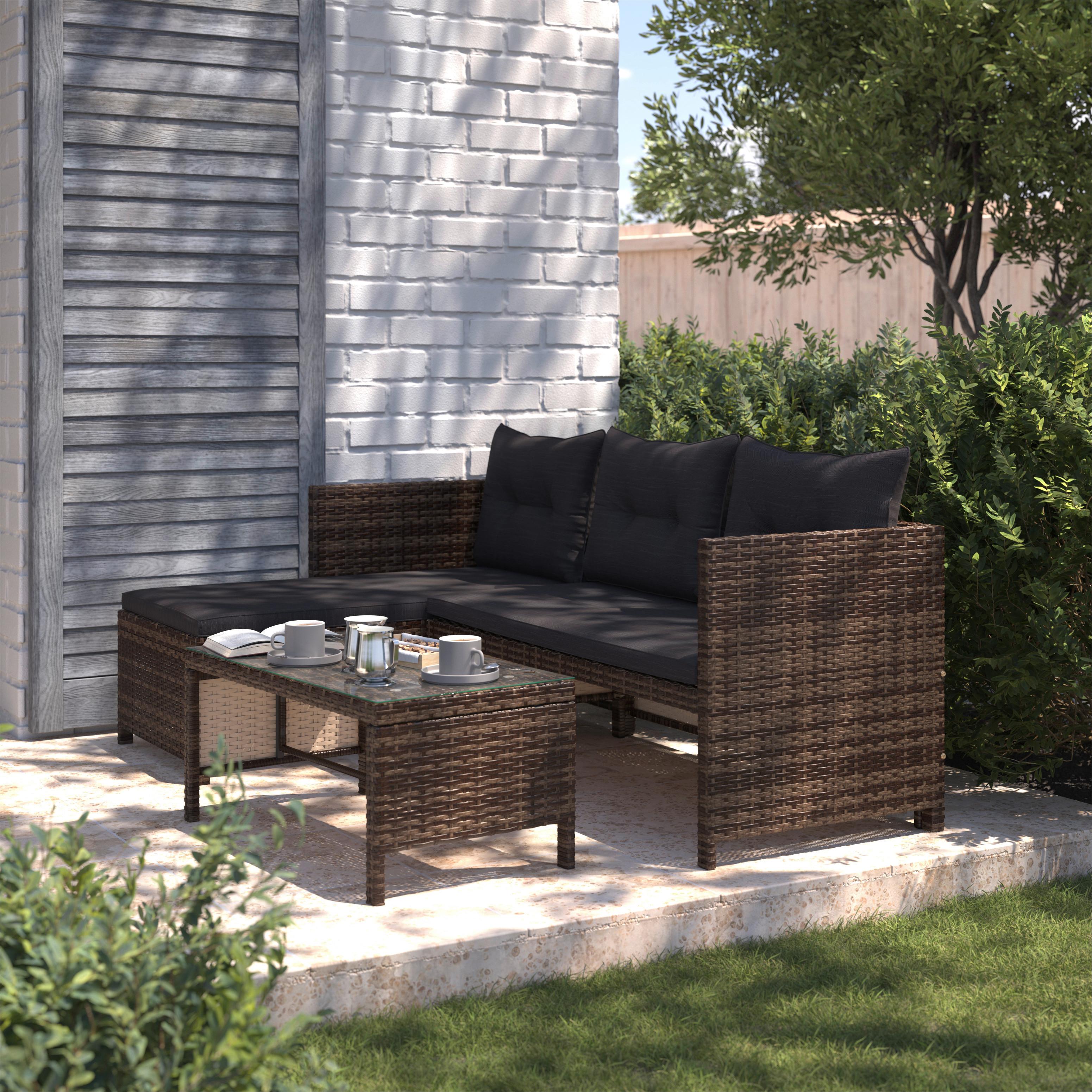 Loungegarnitur 3-tlg. Vegas Polyrattan/stahl Mit Kissen - Graubraun/Schwarz, MODERN, Glas/Kunststoff - Luca Bessoni