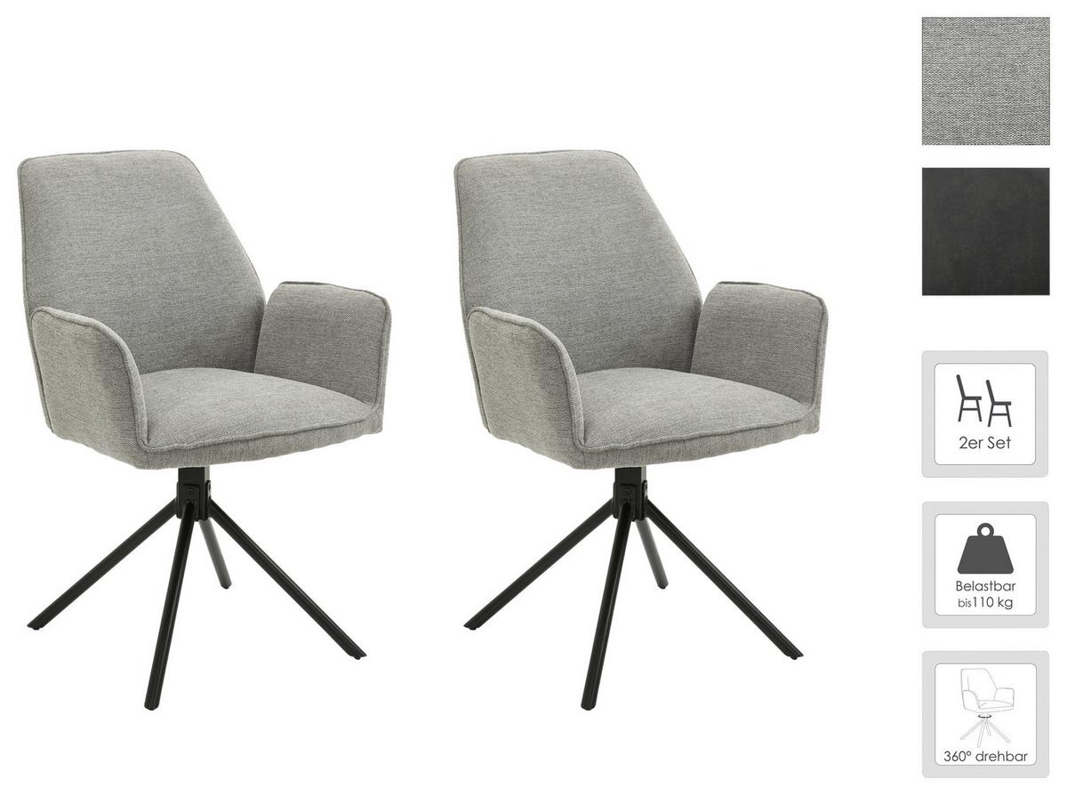 Armlehnstuhl Blair Hellgrau/ Schwarz Gepolstert 2-Er Set - Hellgrau/Schwarz, KONVENTIONELL, Textil/Metall (57/89/61cm) - MID.YOU