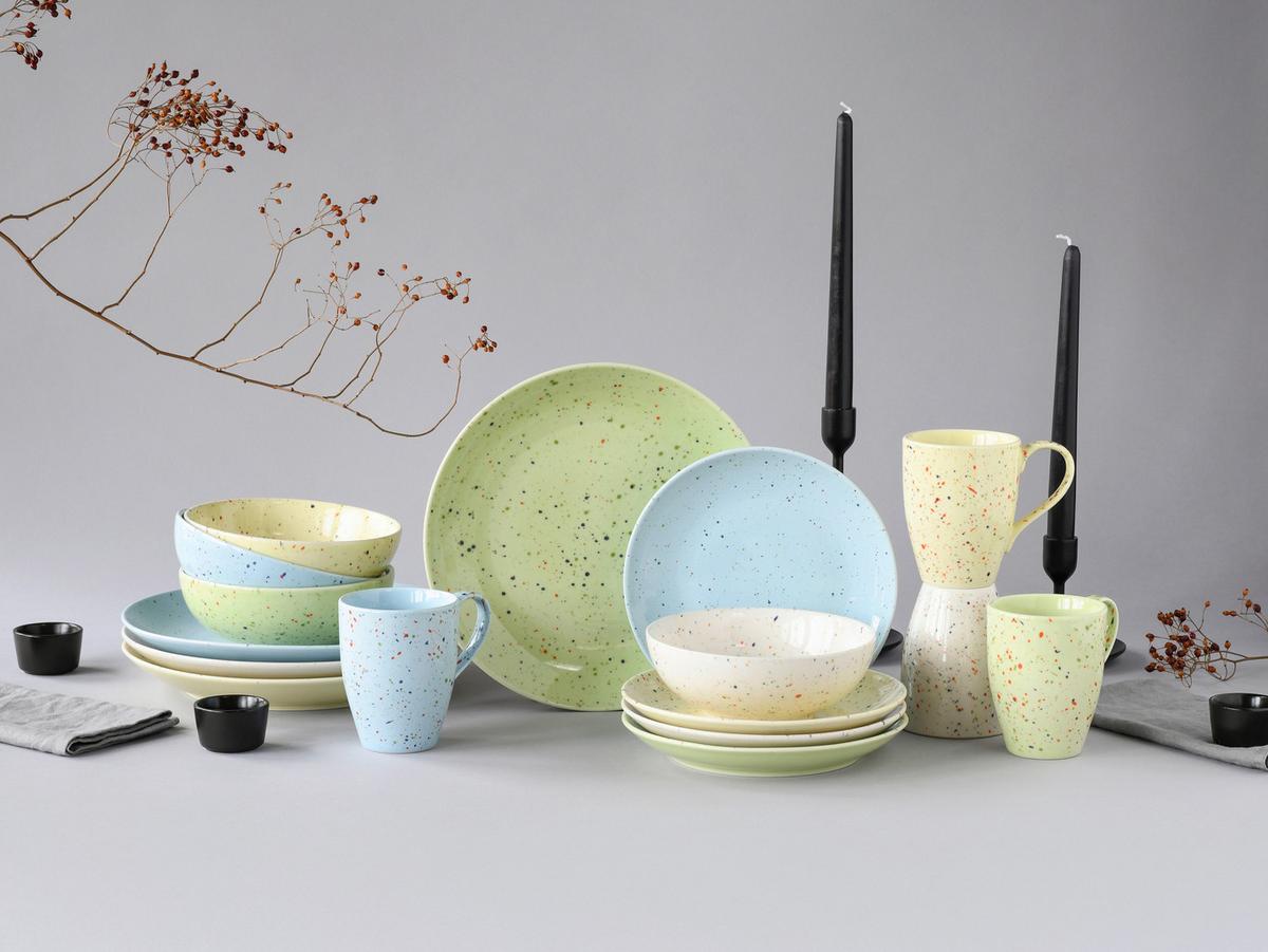 Kombiservice Confetti Bunt Hell-/blau/grün/gelb 16--Teilig - Hellgelb/Hellgrün, Basics, Keramik - Creatable