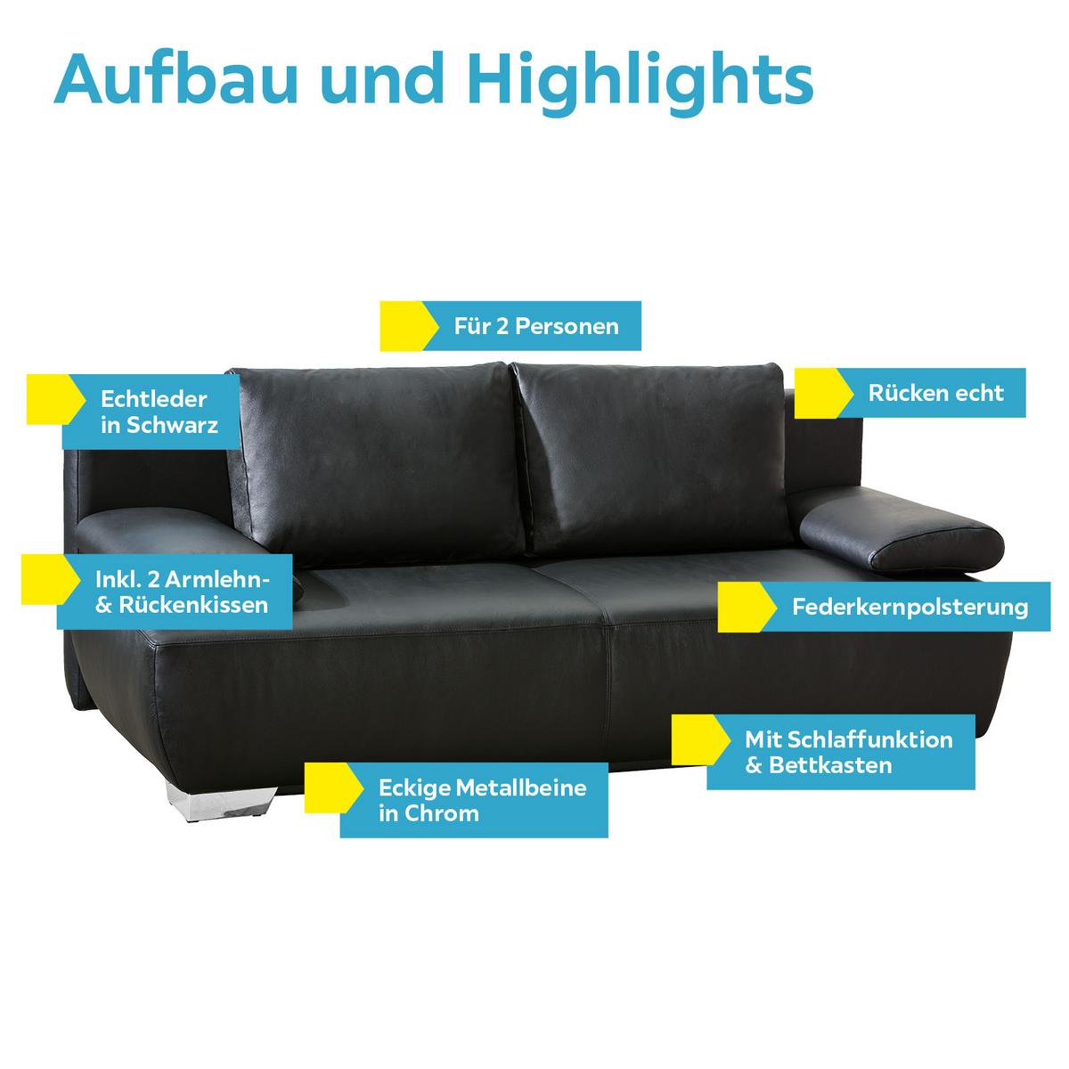2-sitzer-sofa Mit Schlaffunkt. + Bk. Nikita Schwarz Leder - Chromfarben/Schwarz, KONVENTIONELL, Leder (195/85/90cm) - Livetastic