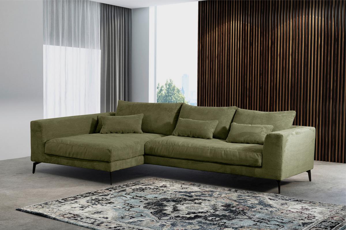 Ecksofa Berlin Cord Olivgrün 172x313 cm - Schwarz/Olivgrün, Design, Textil (172/313cm) - Livetastic