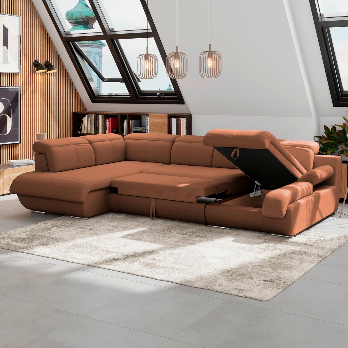 Sedací souprava MULTI tvar U, koňaková - barvy chromu/koňaková, Moderní, kov/textil (228/345/184cm) - Luca Bessoni