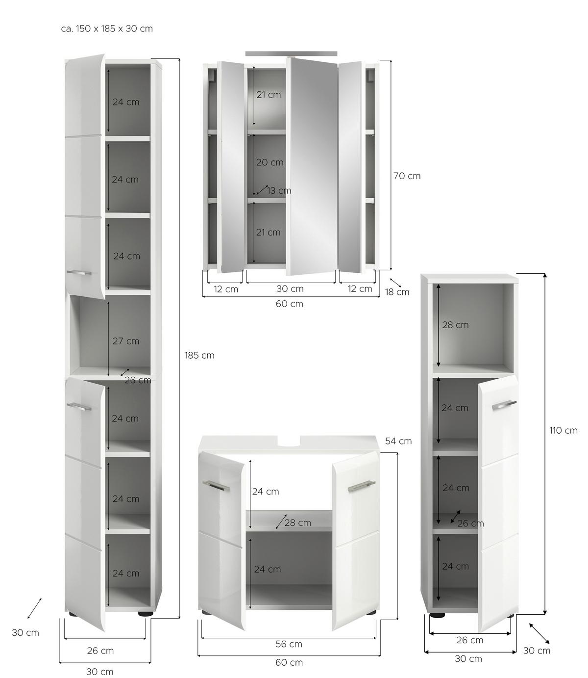 Koupelna Ice, 4-dílna, ca. 120 cm bílá - bílá/černá, Moderní, kompozitní dřevo/plast (120/185/30cm) - MID.YOU