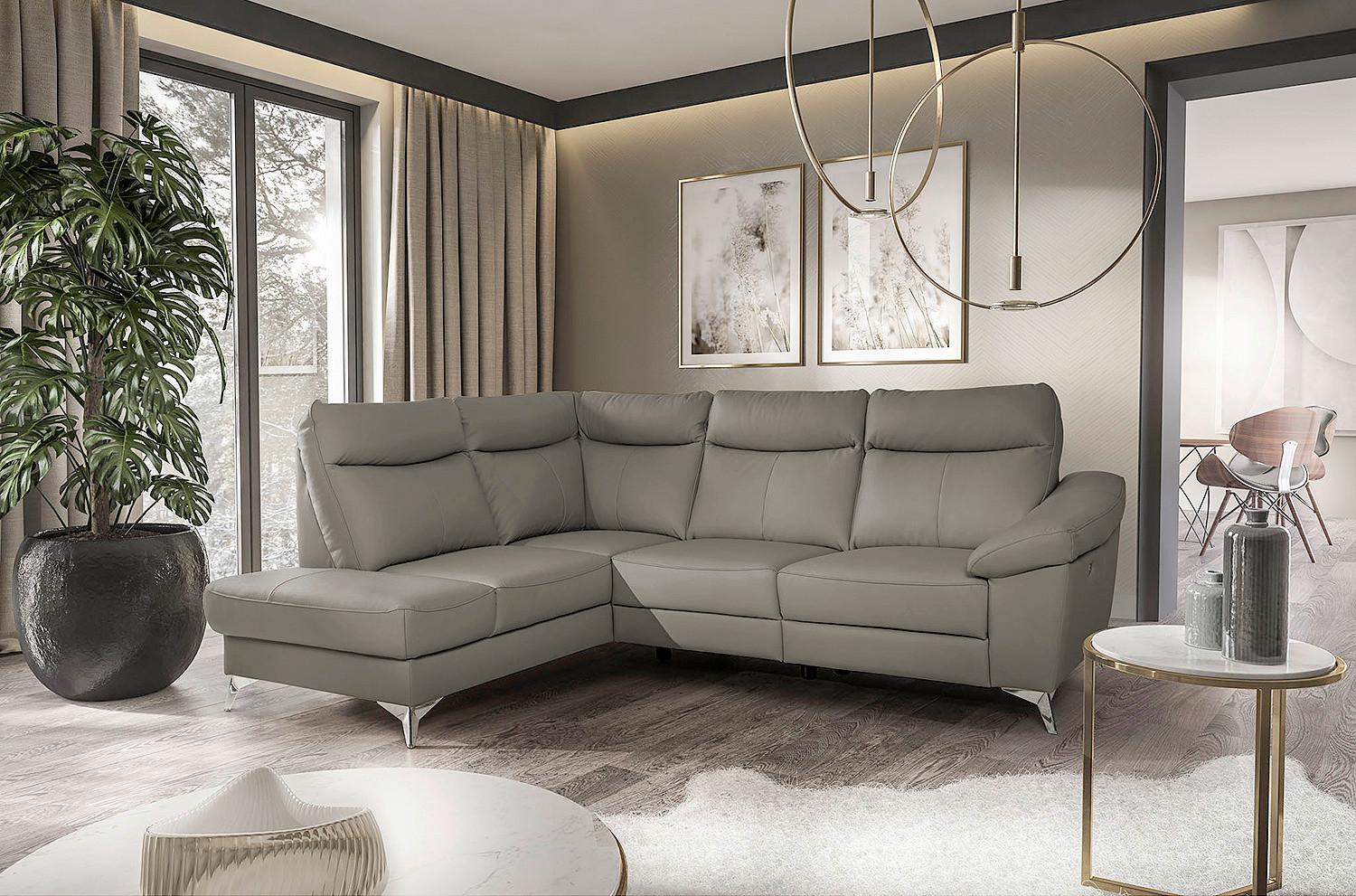 Ecksofa Luna Teilleder schlammfarben 194x242 - Chromfarben/Schlammfarben, Design, Leder/Textil (194/242cm) - Livetastic