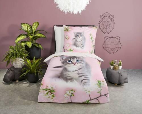 Jugendbettwäsche Pussycat Rosa Rot 135x200 Cm - Rot/Rosa, Natur, Textil (135/200cm)