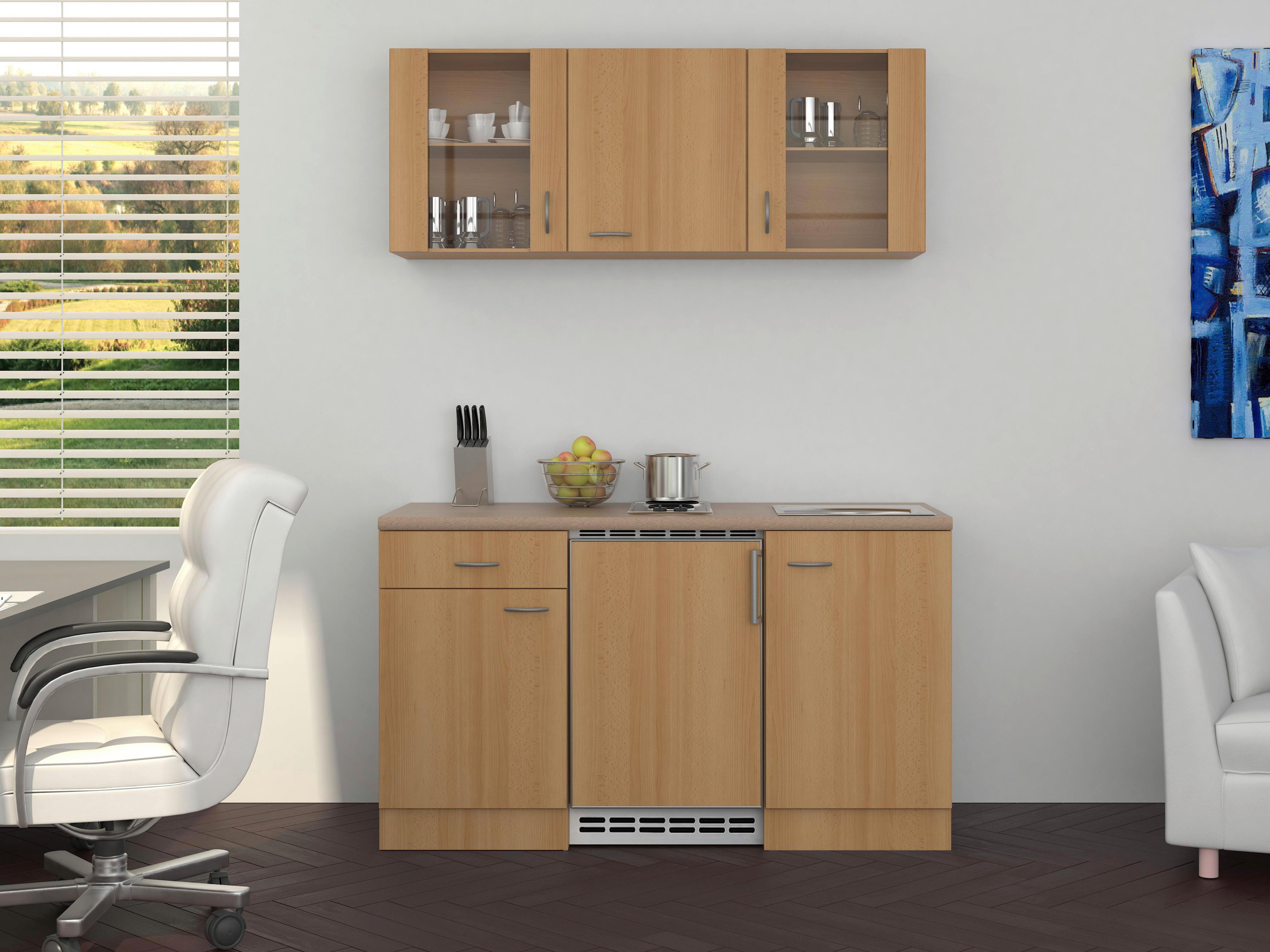 Miniküche mit Kühlschrank + Kochfeld 150 cm Creme/Buche - Beige/Buchefarben, MODERN, Glas/Holzwerkstoff (150cm) - FlexWell