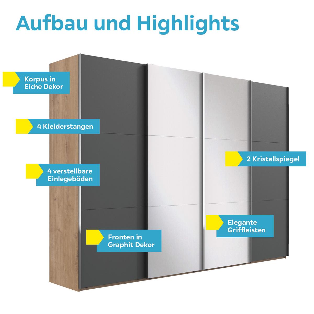 Schwebetürenschrank M. Spiegel 350cm Level 36a, Graphit/eiche - Eichefarben/Graphitfarben, Basics, Glas/Holzwerkstoff (350/216/65cm) - MID.YOU