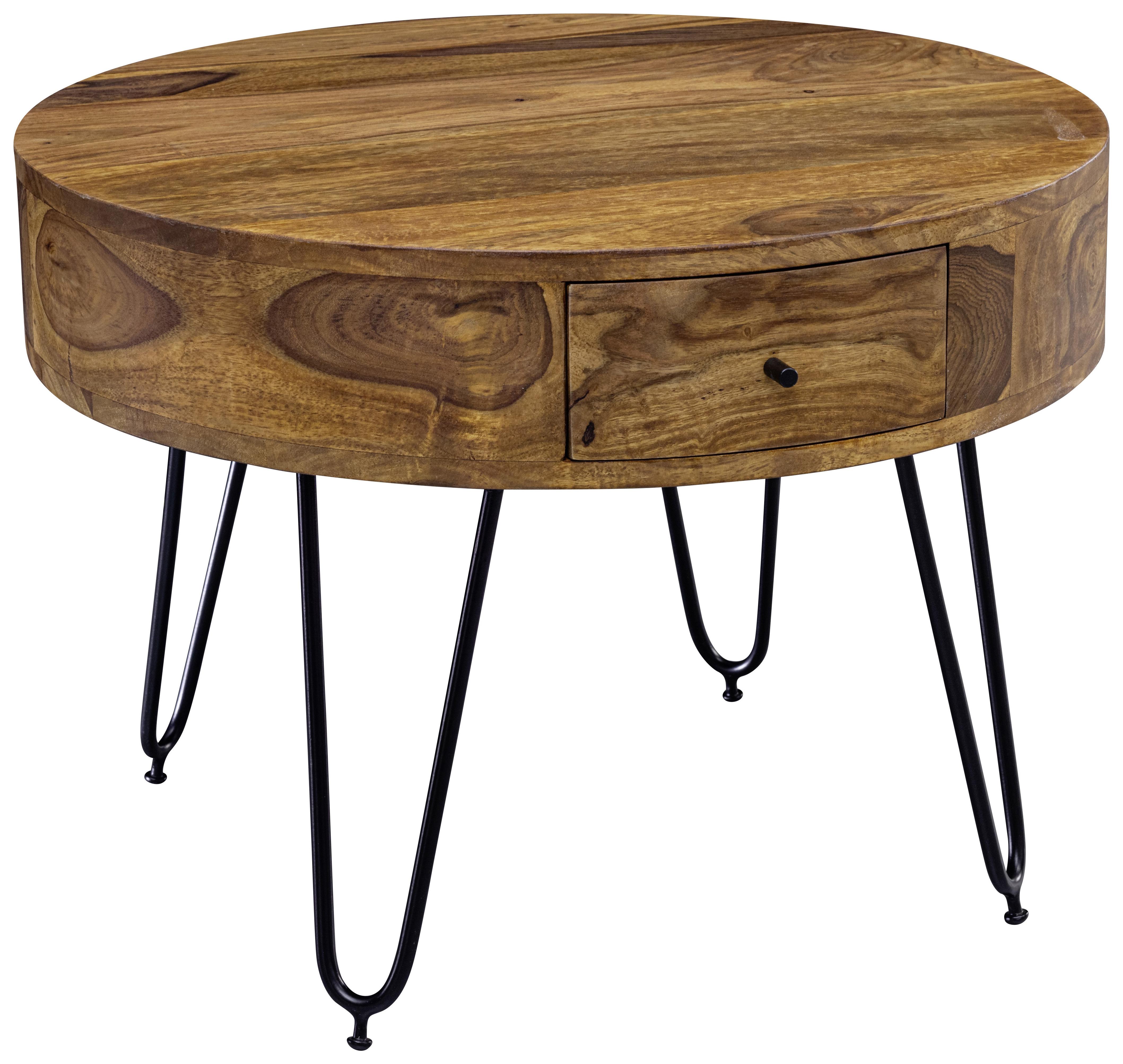 Couchtisch Holz mit Laden Sheesham Massiv - Sheeshamfarben/Schwarz, MODERN, Holz/Metall (60/60/44,5cm) - MID.YOU