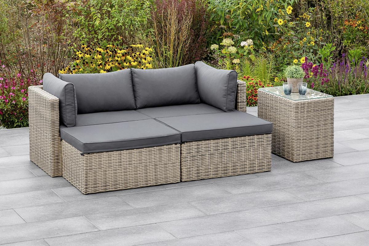 Loungegarnitur 4-Tlg. Licosa Metall/Kunststoff/Glas/Textil - Dunkelgrau/Grau, KONVENTIONELL, Glas/Kunststoff (88/65/68cm) - Gardenson