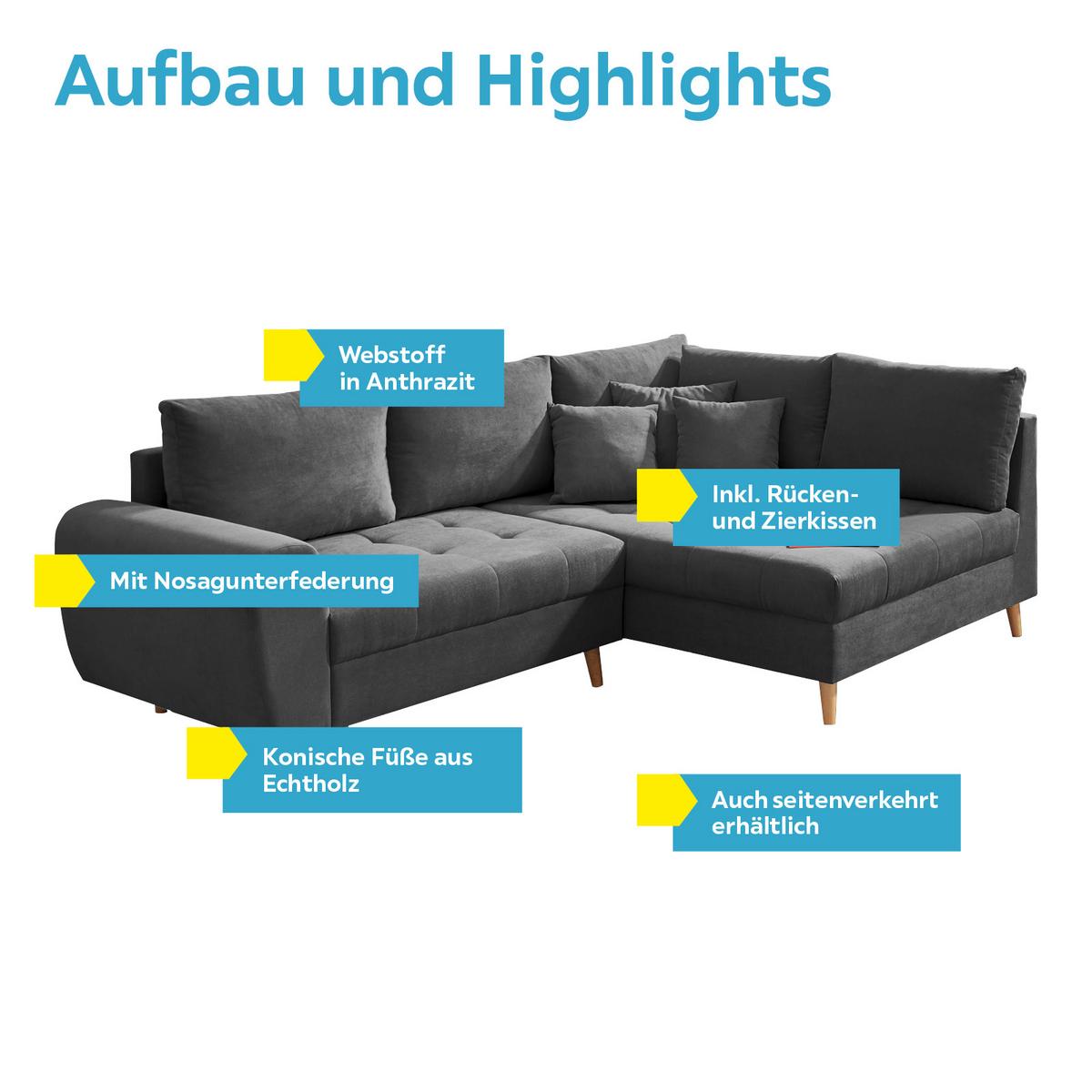 Ecksofa Alice Mit Kissen Anthrazit, Massivholz-Füße - Anthrazit/Kieferfarben, KONVENTIONELL, Holzwerkstoff/Textil (249/175cm) - MID.YOU